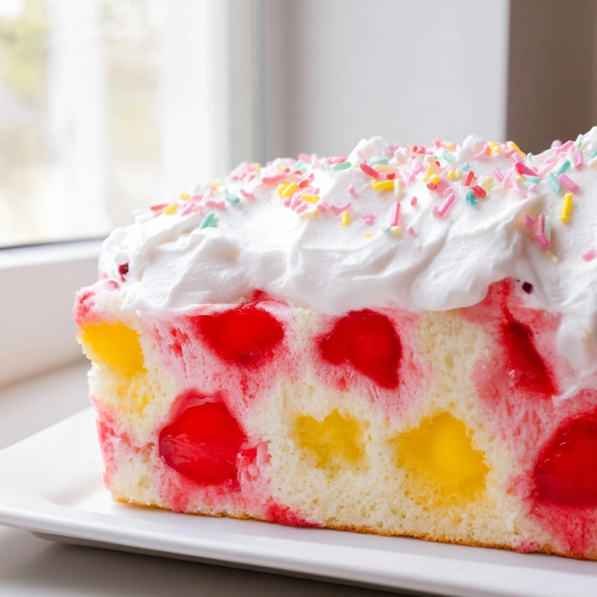 Festive vanilla cake infused with strawberry and lemon gelatin beneath creamy whipped topping