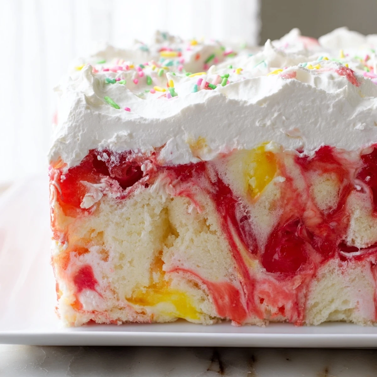 Colorful Easter poke cake topped with fluffy whipped cream and pastel sprinkles for spring celebrations