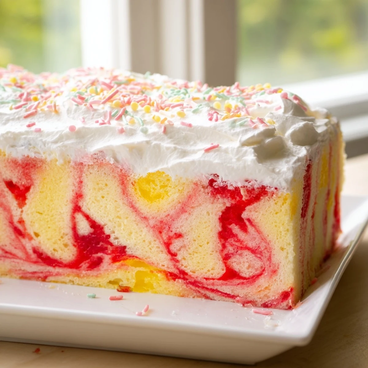 Slice of moist Easter poke cake showing marbled gelatin pockets and sweet whipped cream frosting
