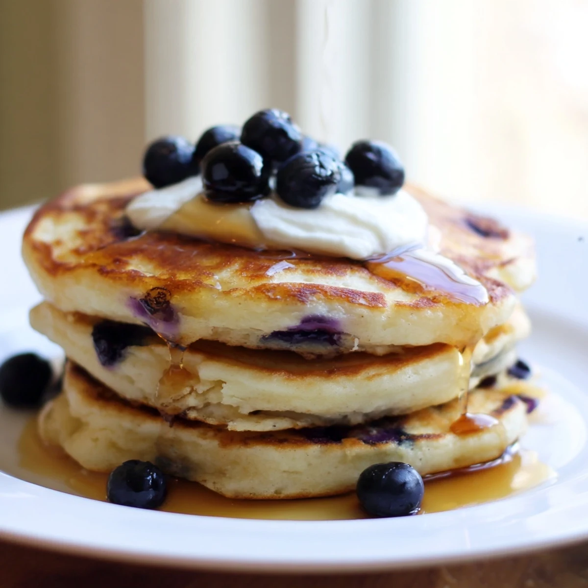 Fluffy American-style Greek yogurt blueberry pancakes served warm with melted butter and extra fruit toppings