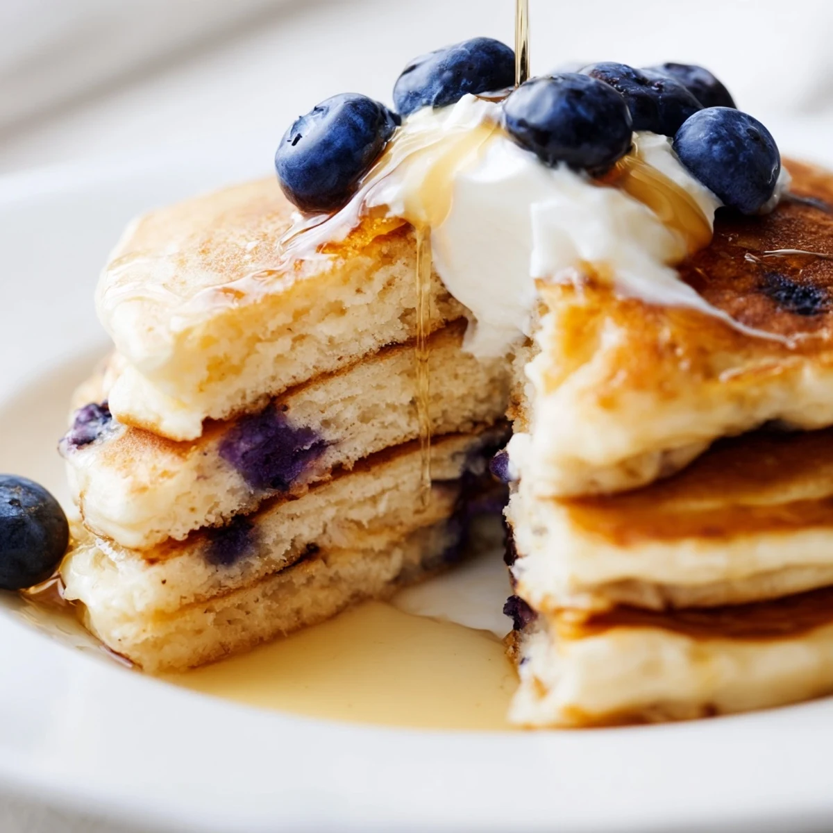 Golden stack of fluffy Greek yogurt blueberry pancakes drizzled with maple syrup and fresh berries