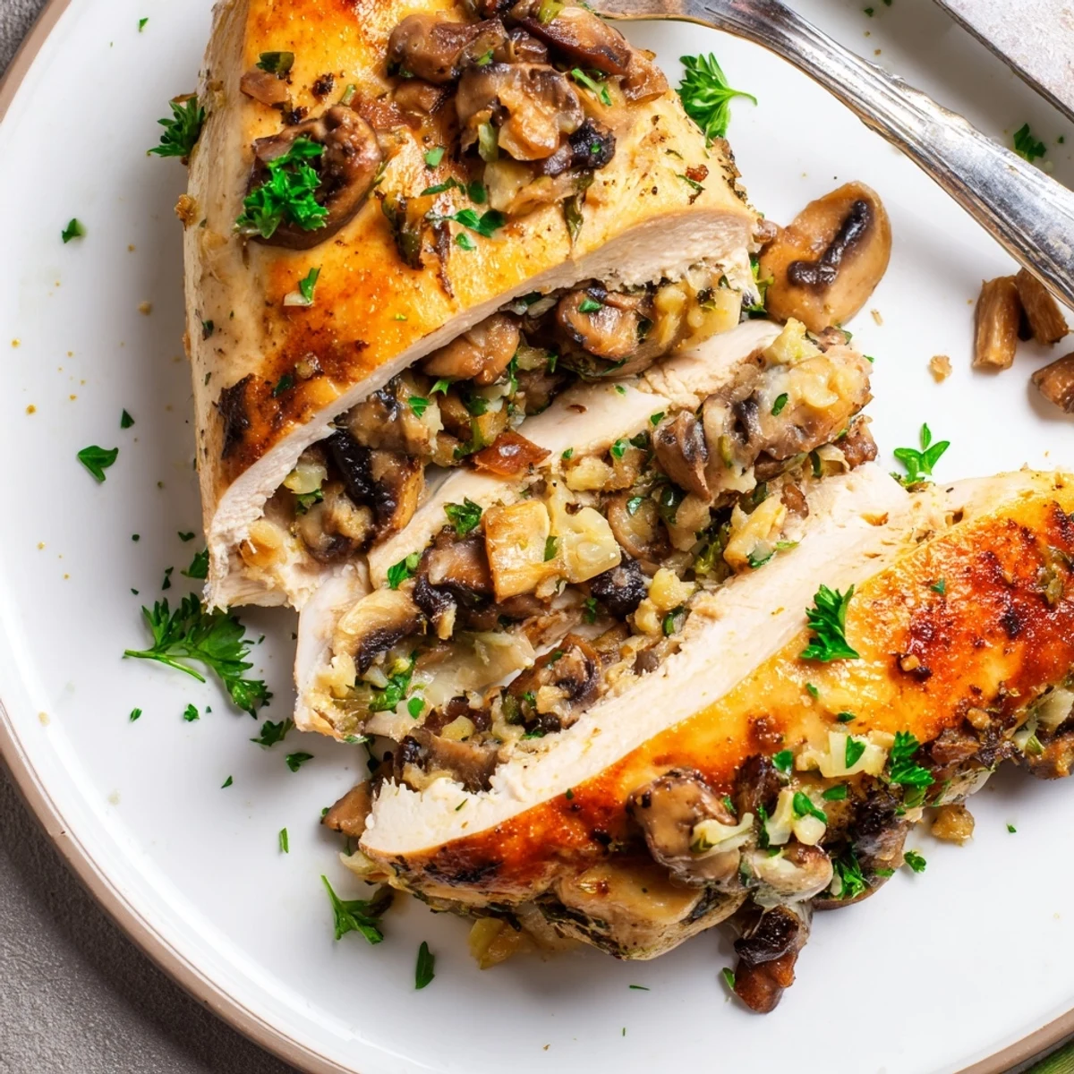 Golden brown mushroom stuffed chicken breast sliced open revealing savory herb and cheese filling on a white plate