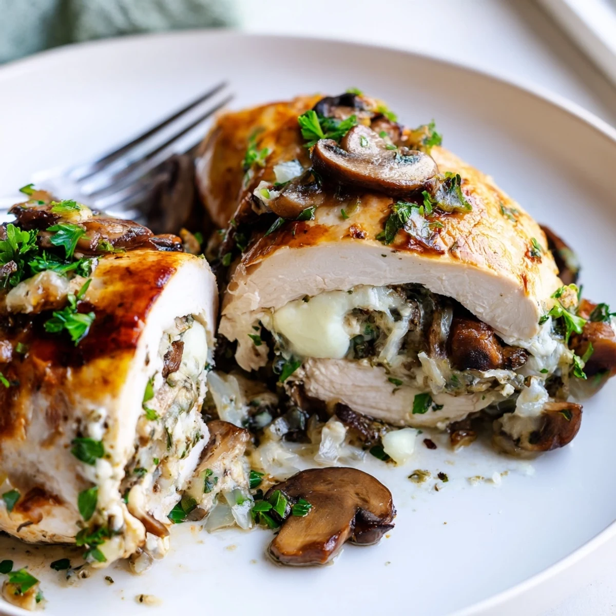 Juicy baked mushroom stuffed chicken breast served with roasted vegetables garnished with fresh parsley for dinner