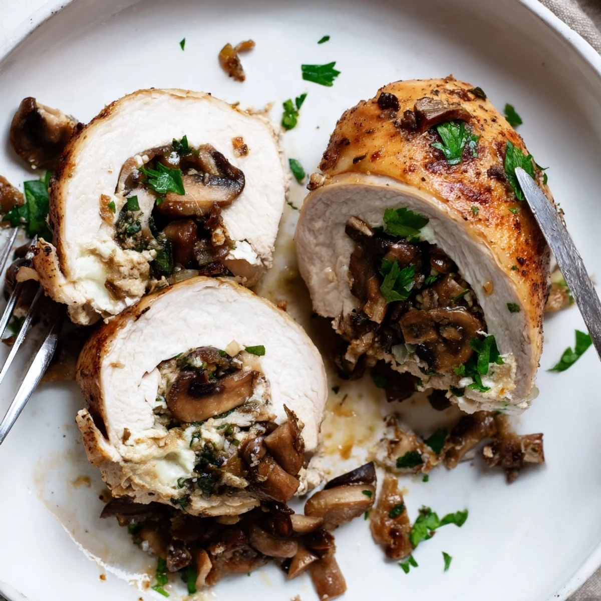 Perfectly seared mushroom stuffed chicken breast plated whole with golden mushroom filling peeking through the center