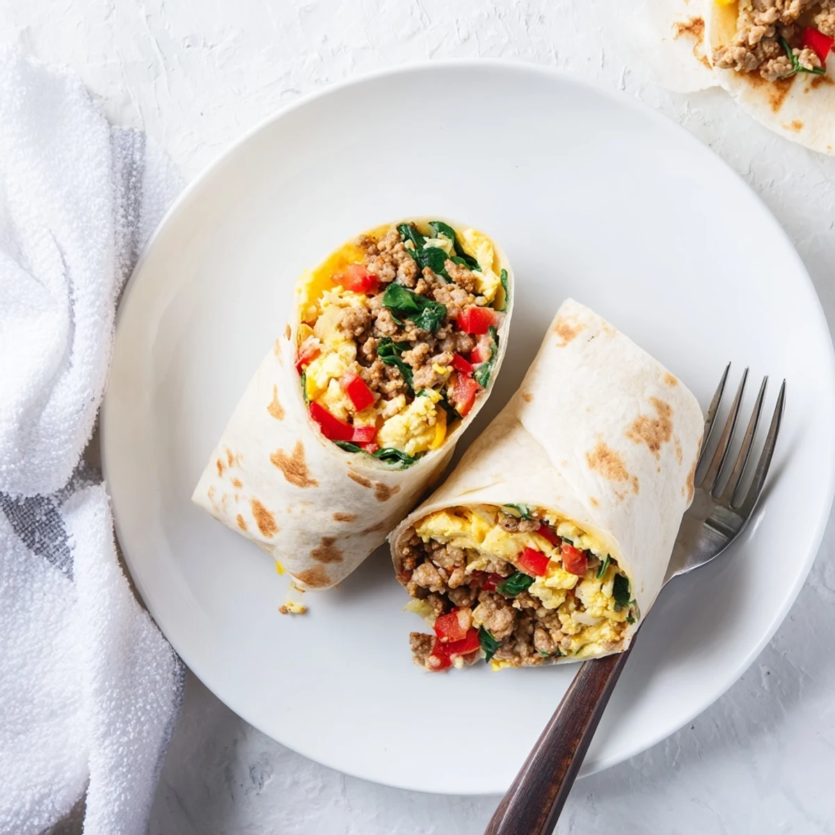 Warm flour tortillas wrapped tightly around a hearty egg and sausage make-ahead breakfast burrito