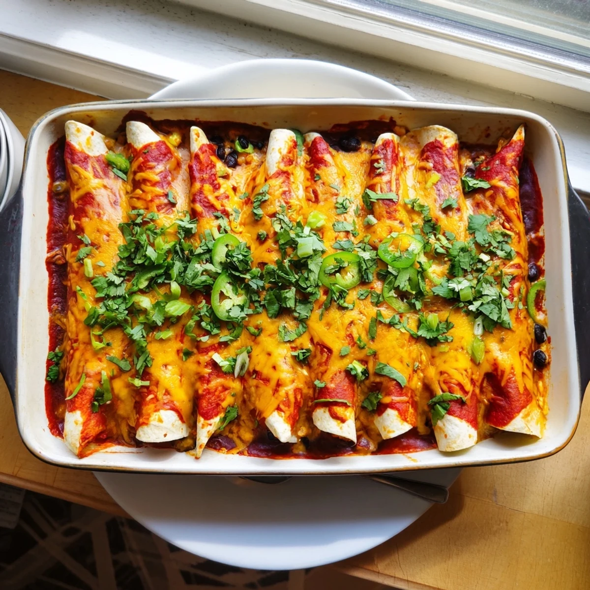 Golden chicken enchiladas baked with bubbling melted cheese and vibrant enchilada sauce