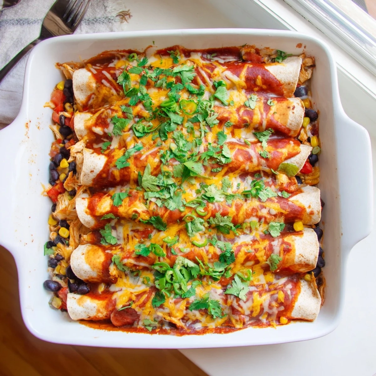 Tortillas rolled around spiced shredded chicken filling topped with melted Mexican cheese blend