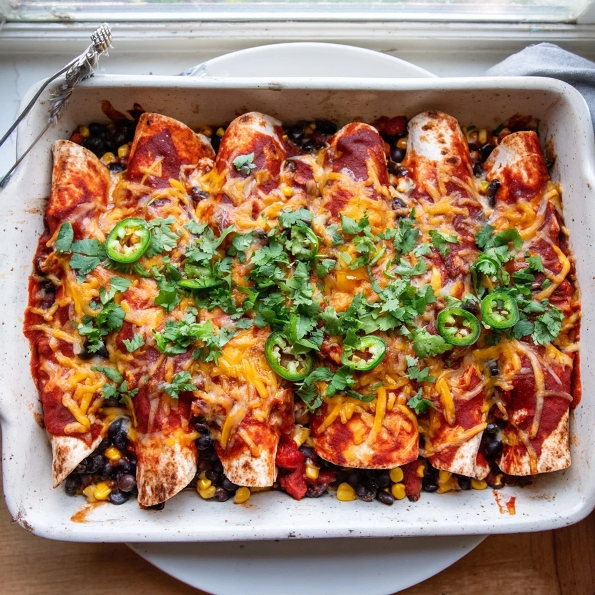 Baked chicken enchiladas garnished with fresh cilantro and served with sour cream
