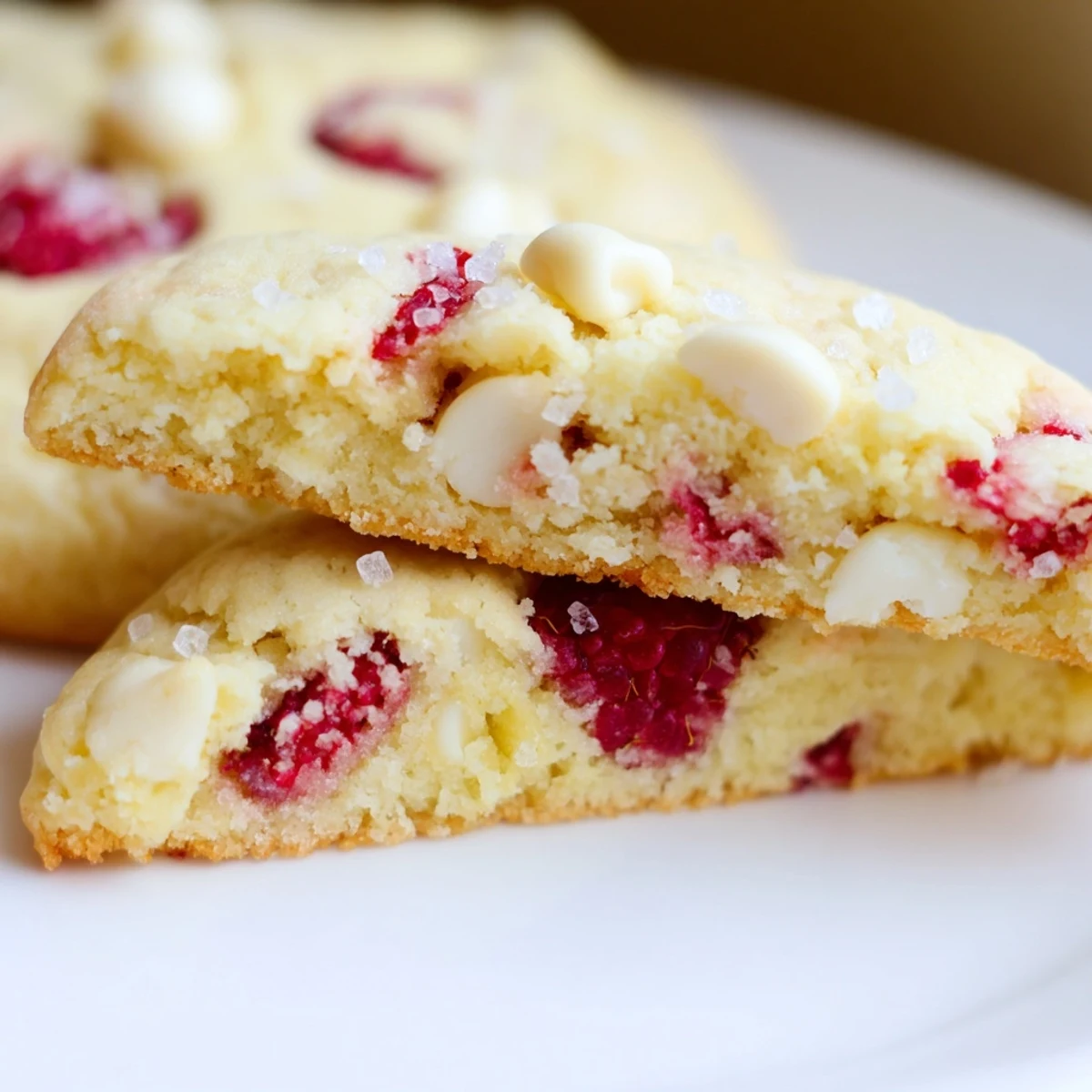 Soft lemon raspberry cookies with tart berries and golden edges on a white wire rack