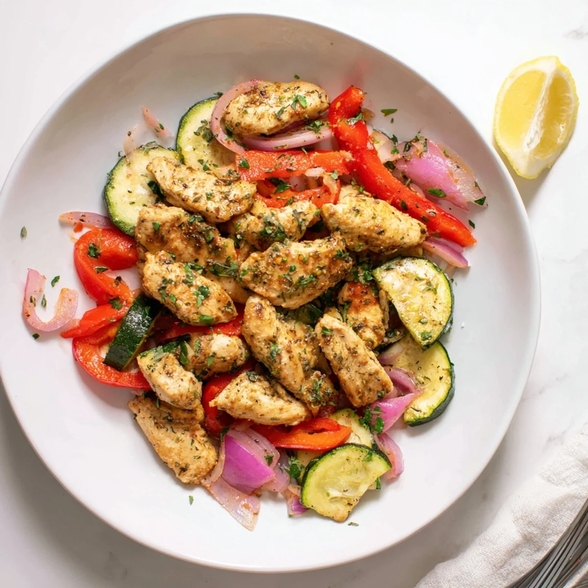 Golden chicken strips sizzle alongside colorful bell peppers and zucchini in this Mediterranean chicken stir fry