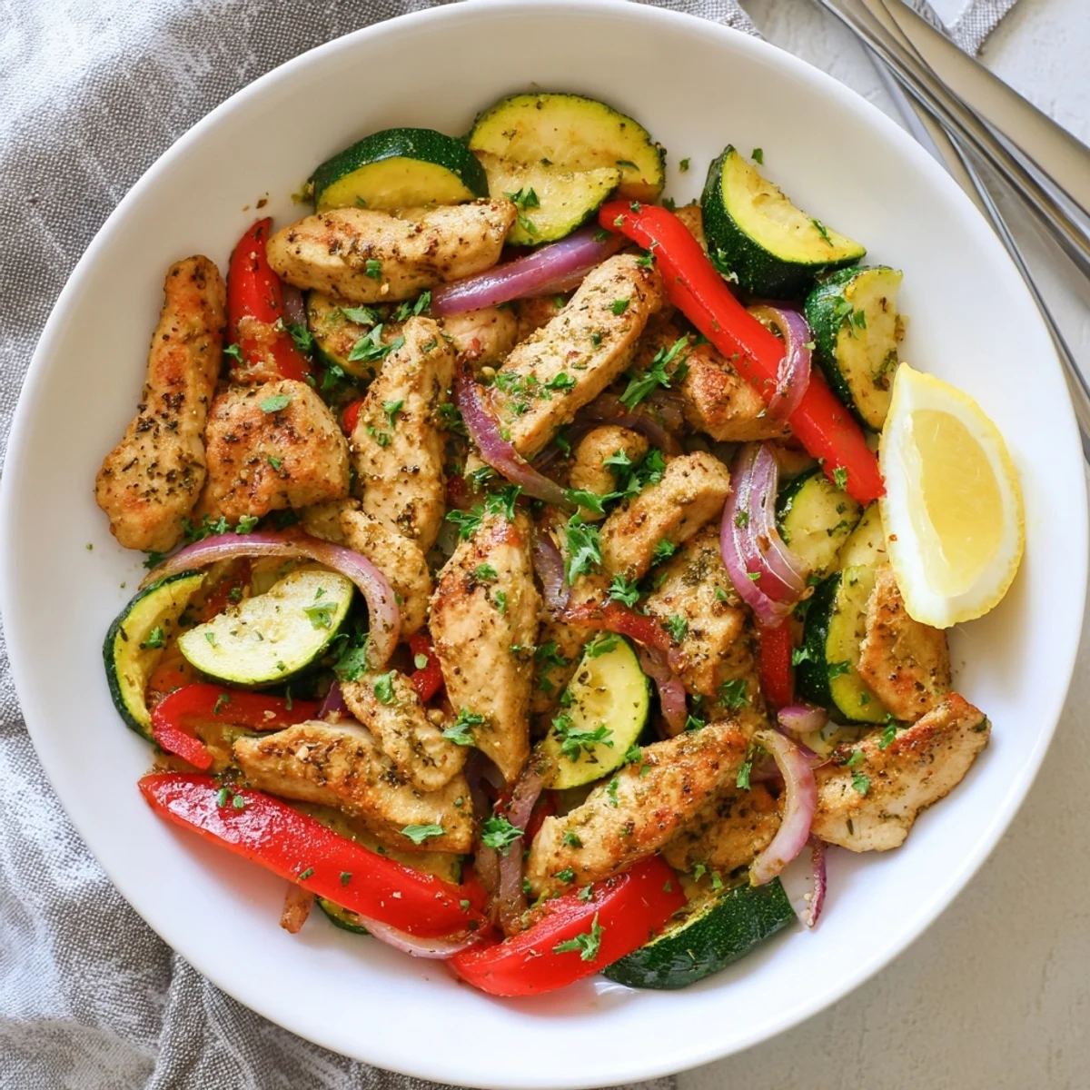 Healthy Mediterranean chicken stir fry served with fresh parsley and lemon wedges on a white plate