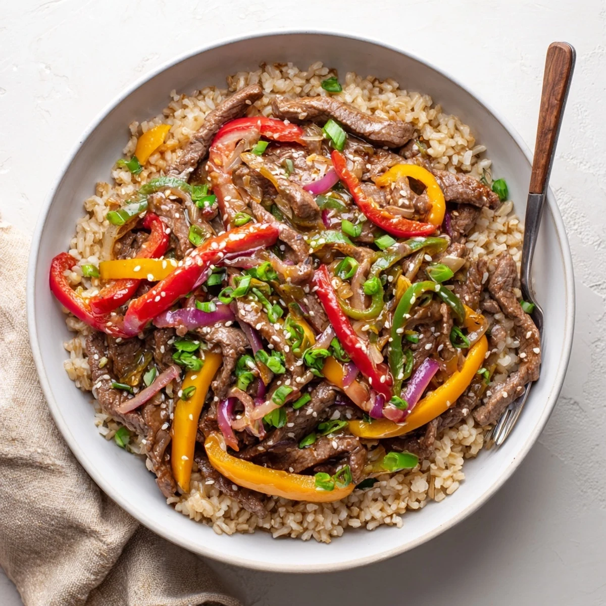 Protein-packed healthy beef and pepper rice bowl garnished with sesame seeds and fresh cilantro