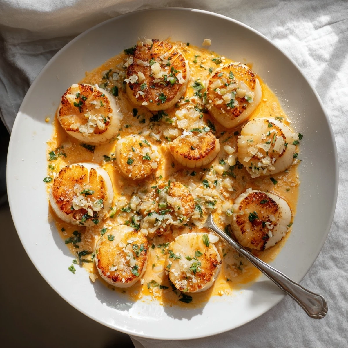 Golden brown seared scallops resting in a rich spicy Cajun cream sauce with fresh parsley garnish