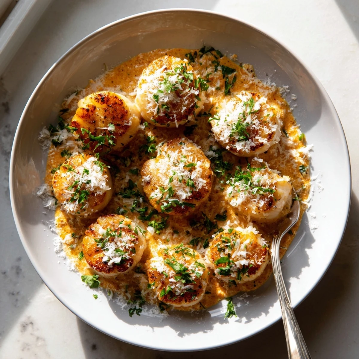 Perfectly caramelized sea scallops drizzled with creamy Cajun spice sauce served on a white dinner plate