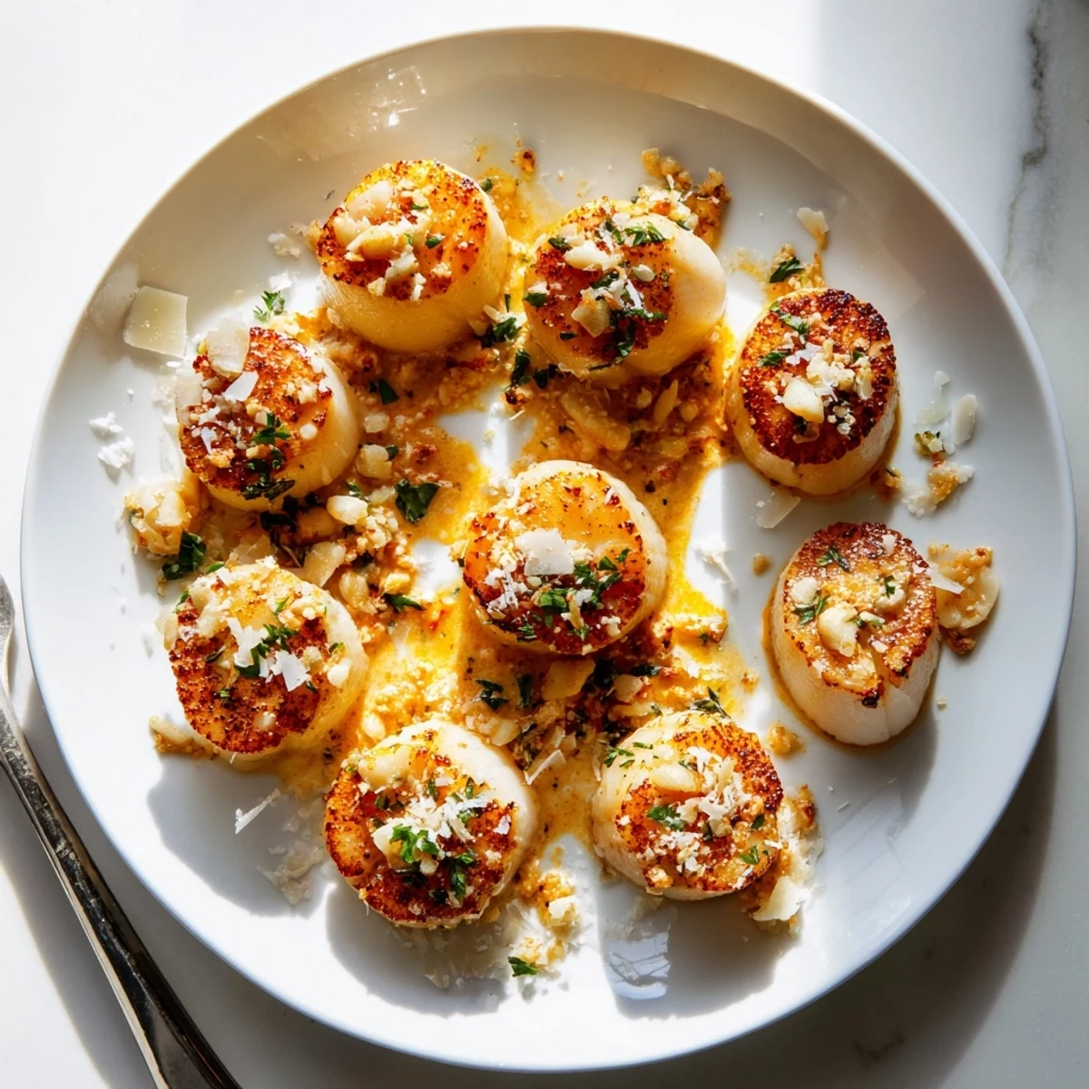 Succulent pan seared scallops topped with velvety spicy cream sauce and sprinkled with chopped fresh parsley