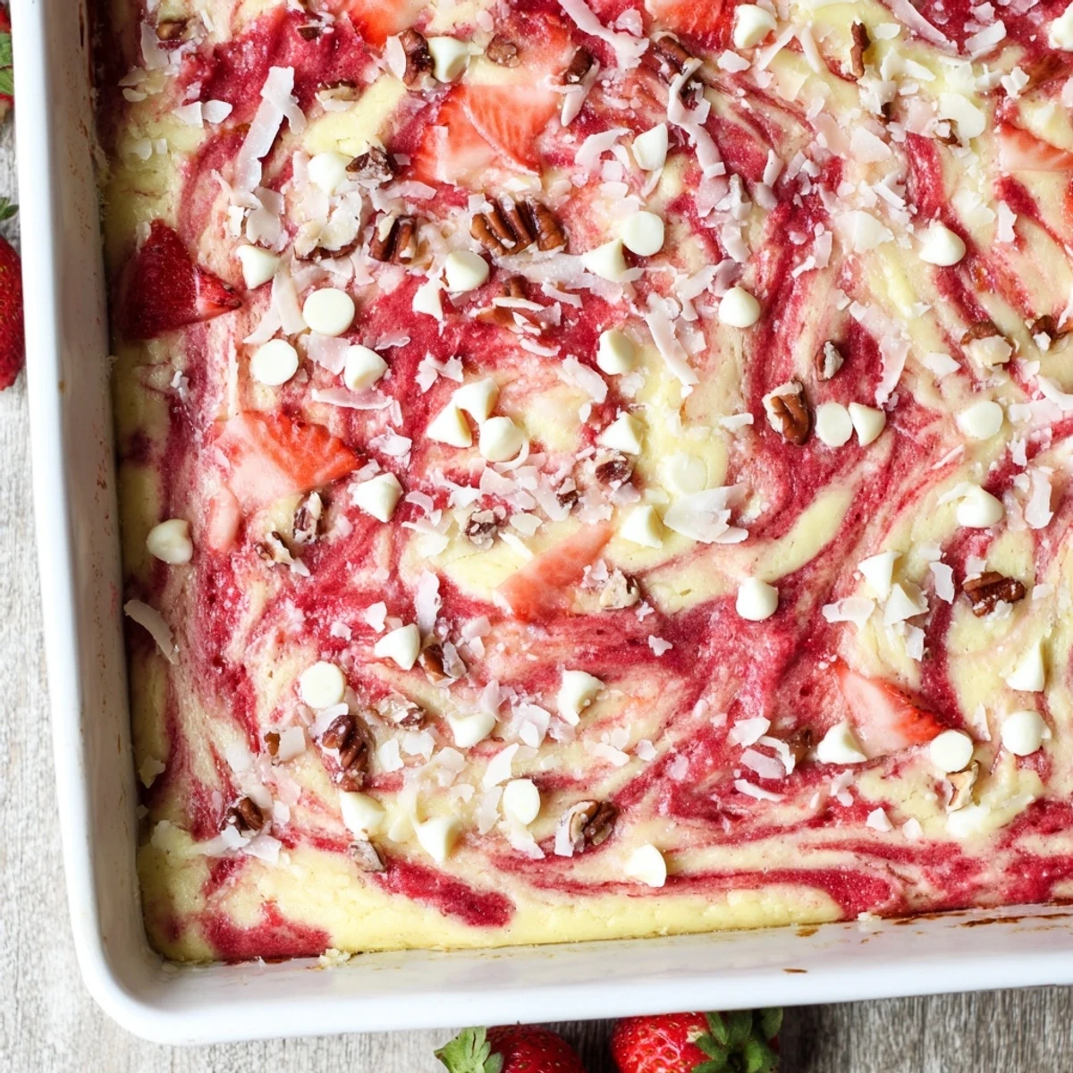 Golden strawberry earthquake cake with marbled cream cheese swirls and white chocolate chips