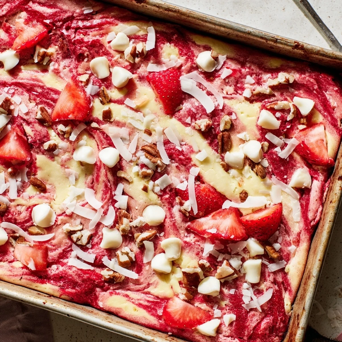 Sliced strawberries and pecans topping a rich strawberry earthquake cake baked to perfection