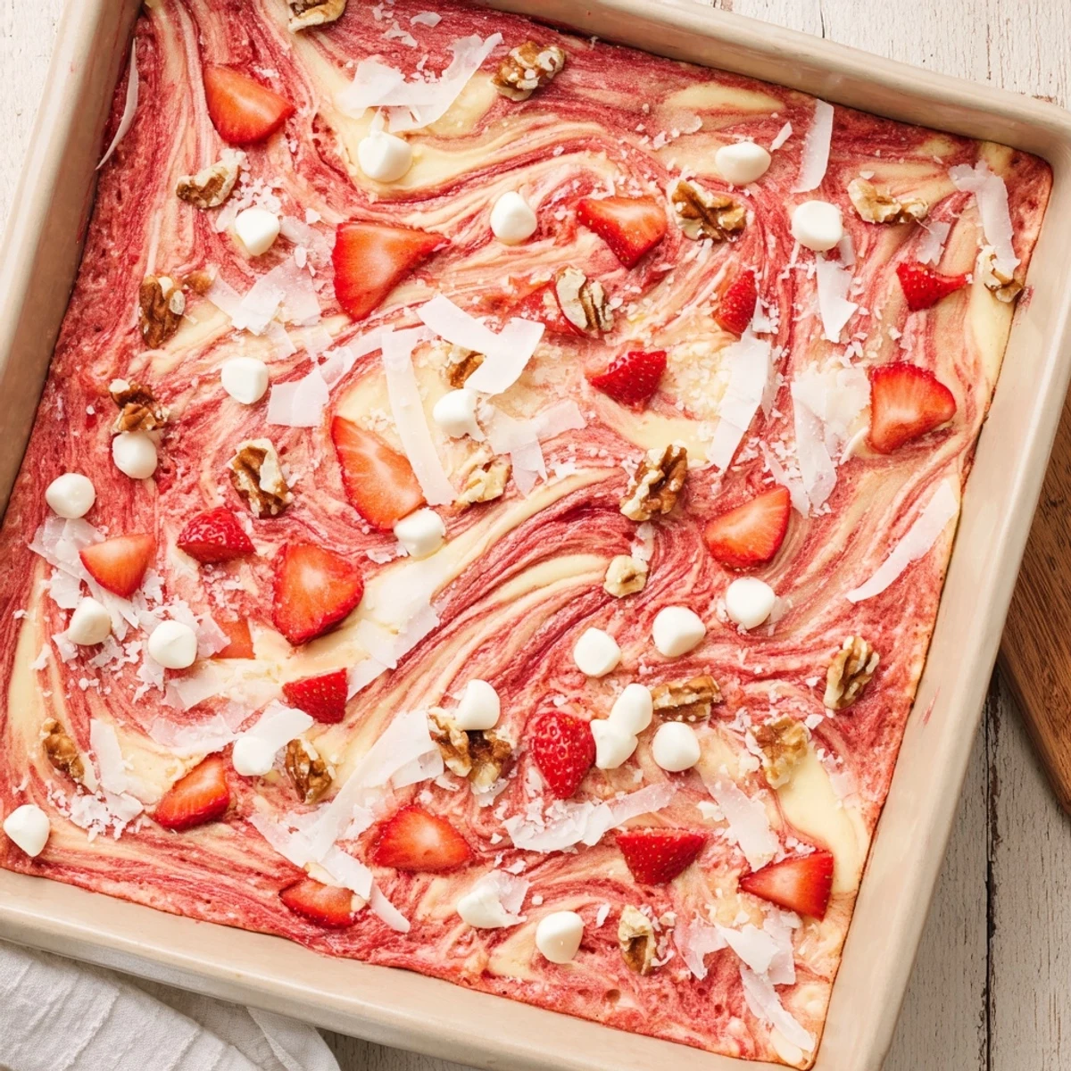 Warm strawberry earthquake cake serving square showing cream cheese layers and fresh fruit garnish