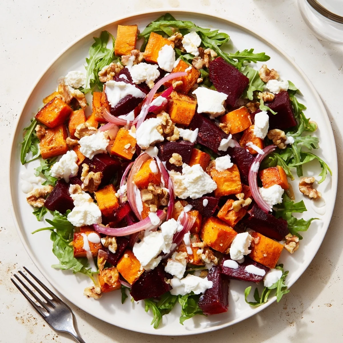 Colorful bowl of creamy roasted beet salad with sweet potato chunks and crumbled feta cheese garnish