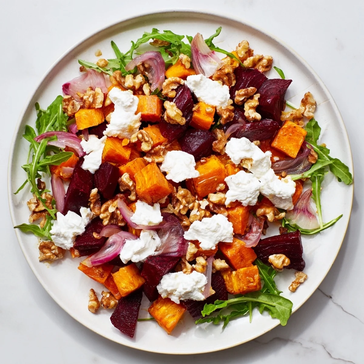 Golden roasted beets and sweet potatoes arranged over fresh arugula with tangy yogurt dressing drizzled on top