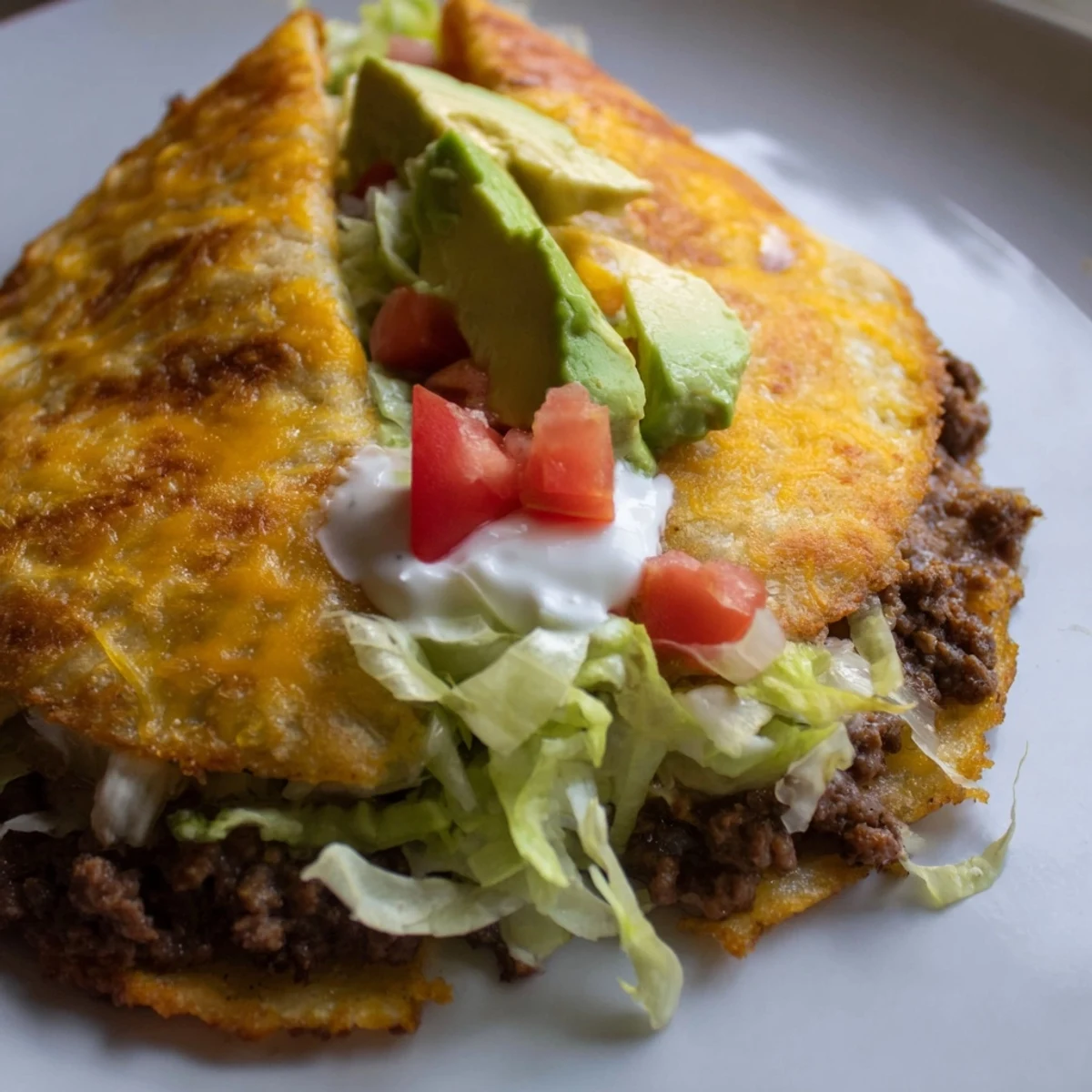 Golden keto crunchwrap with seasoned beef, melted cheddar, lettuce, diced tomatoes, and creamy sour cream folded into a crispy low-carb tortilla