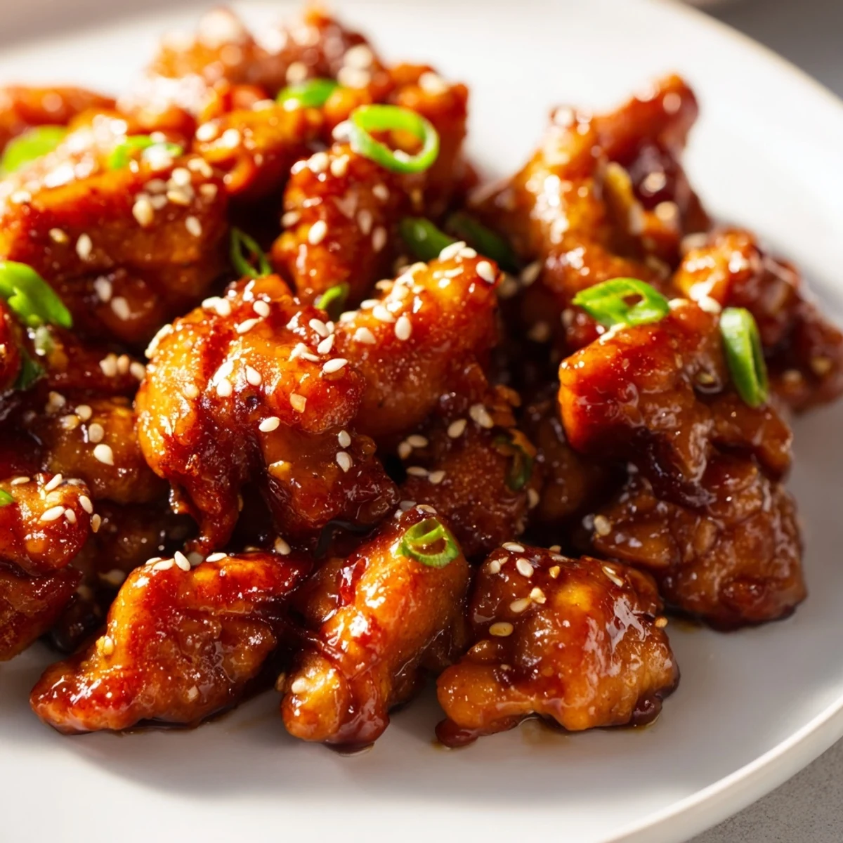 Slow cooker Hawaiian chicken thighs garnished with green onions and toasted sesame seeds