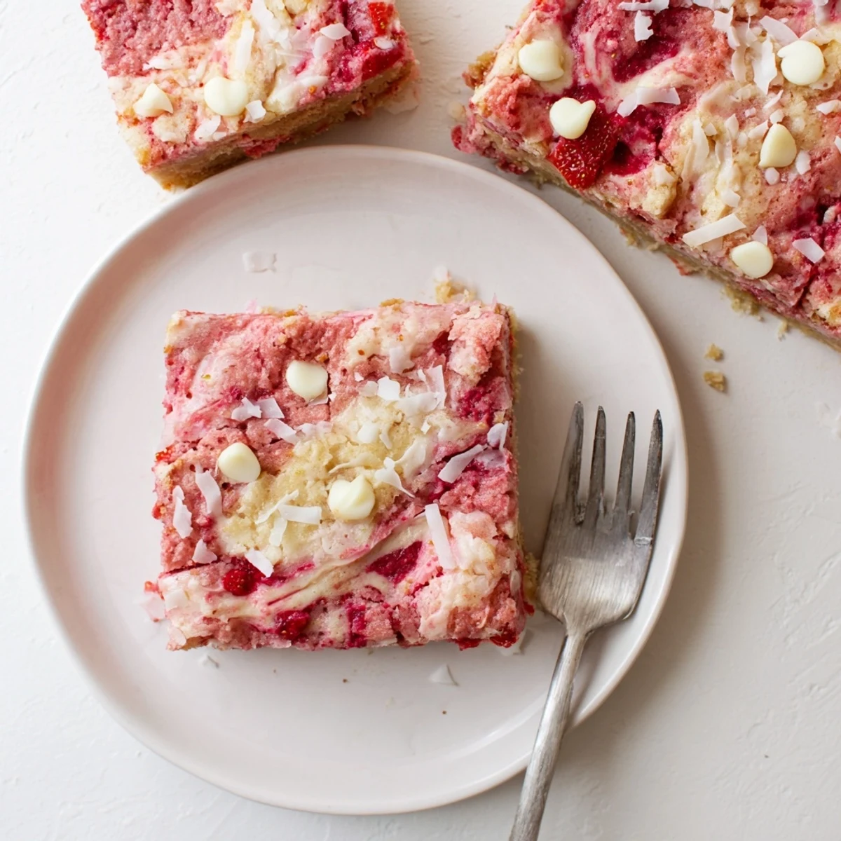 Gooey strawberry earthquake cake featuring cream cheese swirls and melted white chocolate chips on top