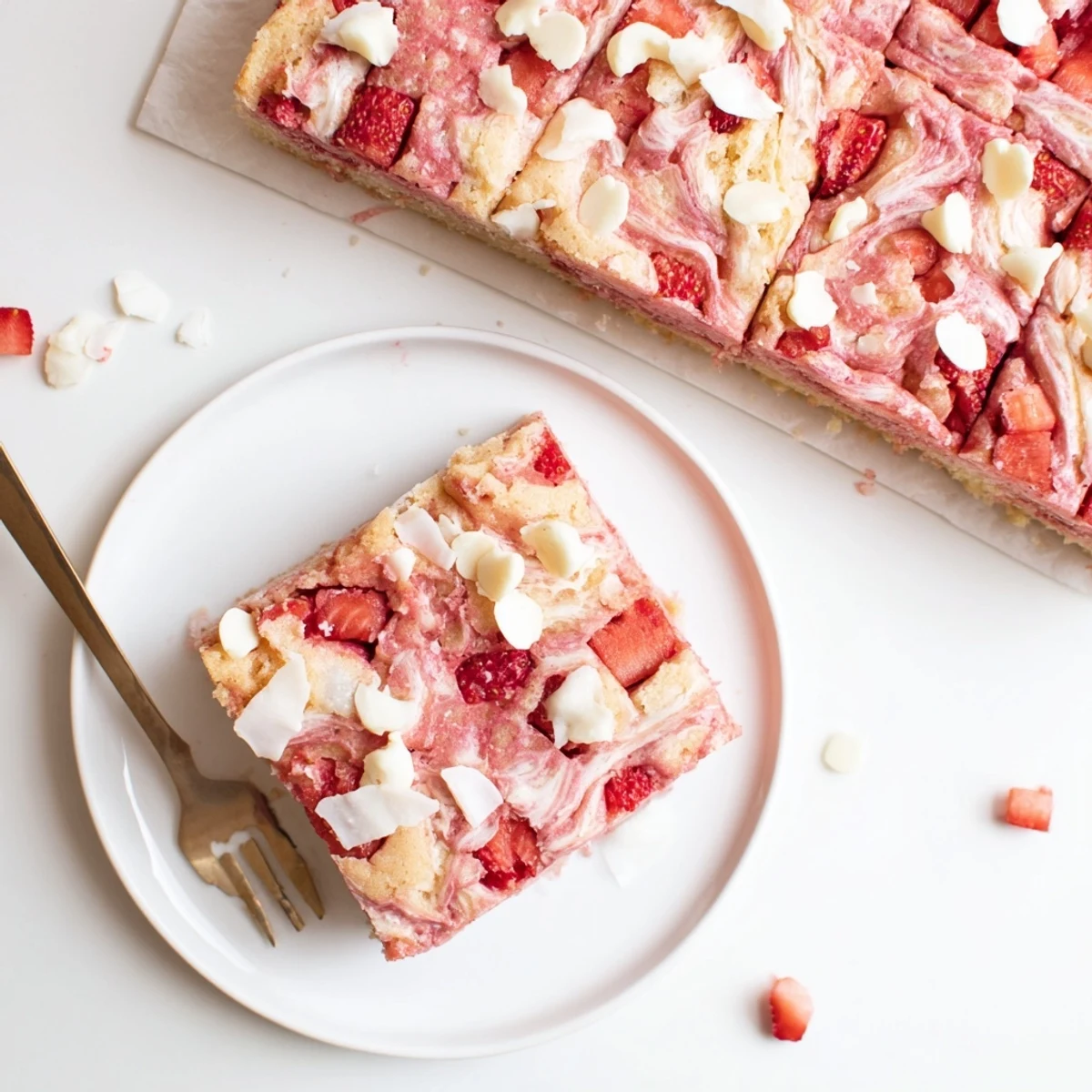 Sliced strawberry earthquake cake showing marbled cream cheese filling and golden white chocolate strewn surface
