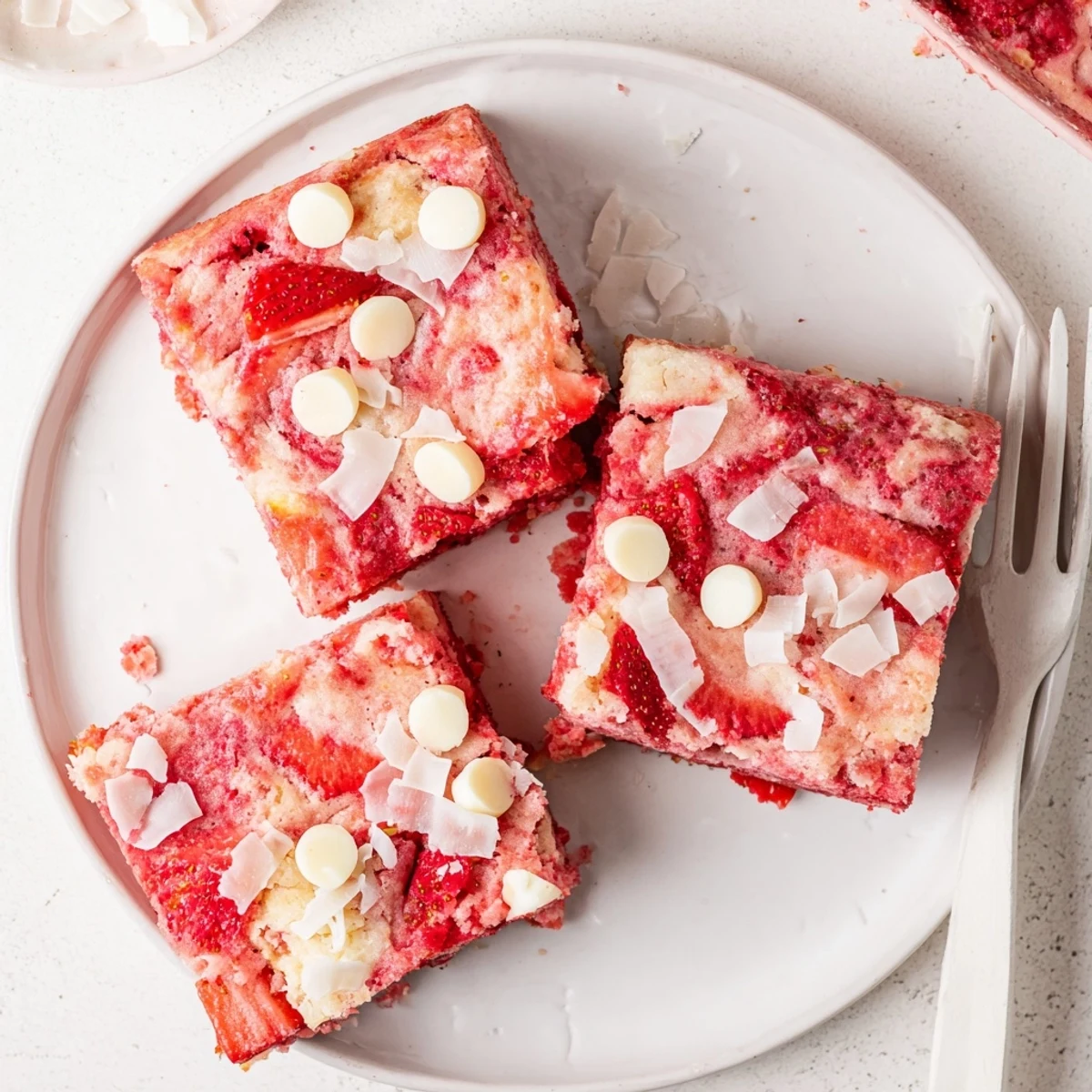 Moist strawberry earthquake cake with fresh diced strawberries and gooey cream cheese pockets throughout