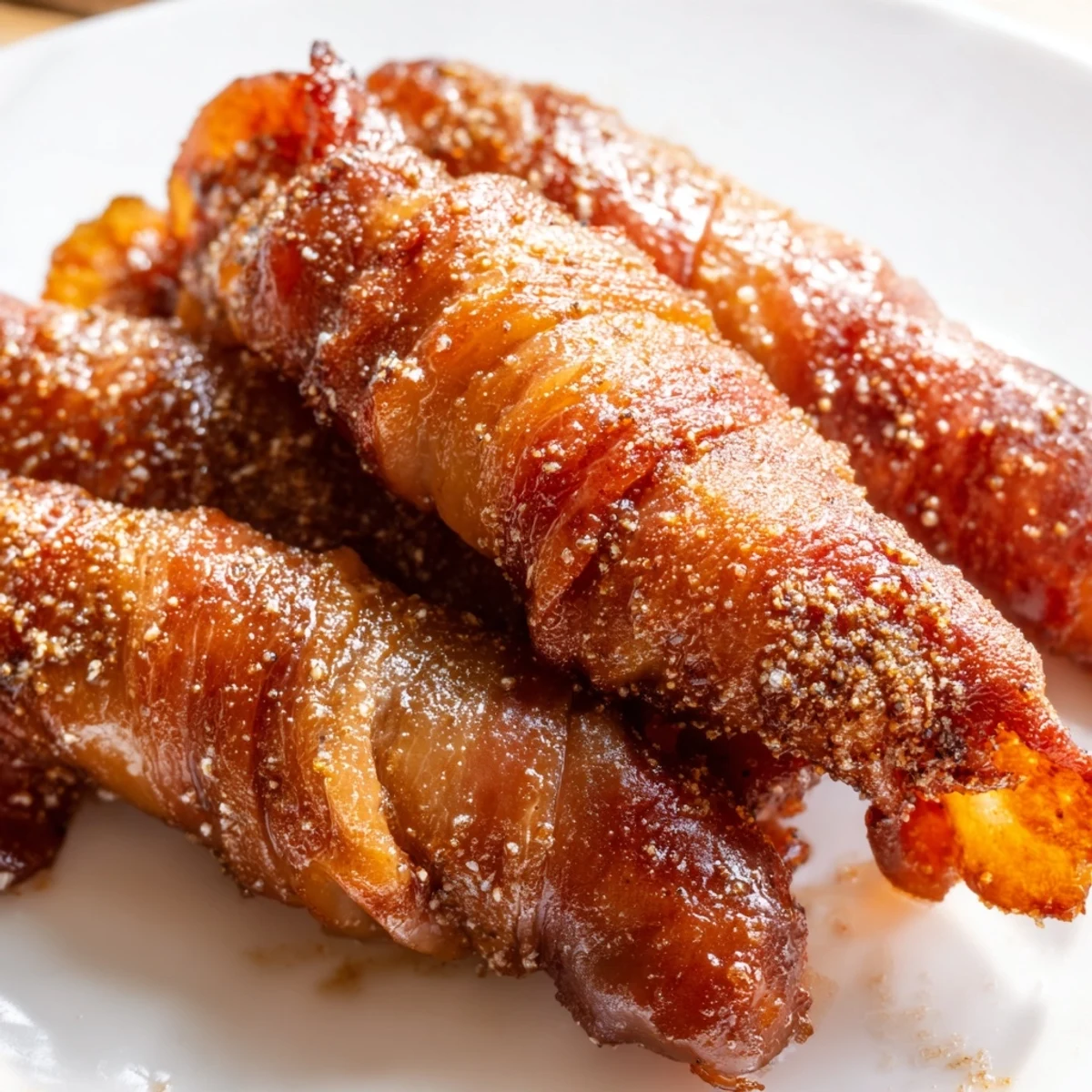 Golden brown bacon wrapped chicken tenders caramelized with sweet brown sugar coating
