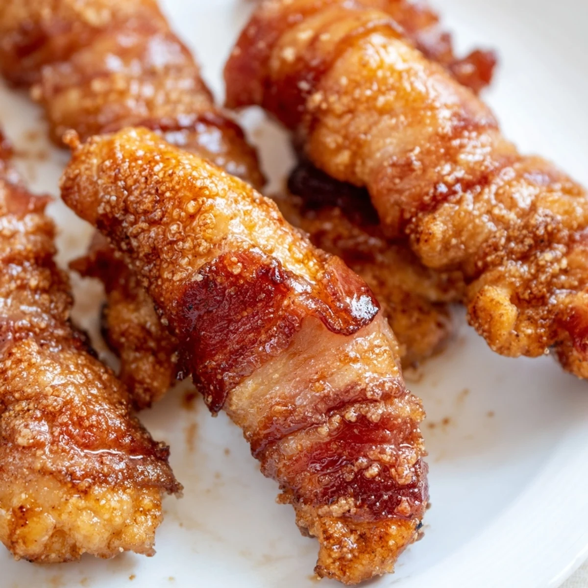 Plate of bacon brown sugar chicken tenders garnished with fresh herbs for serving