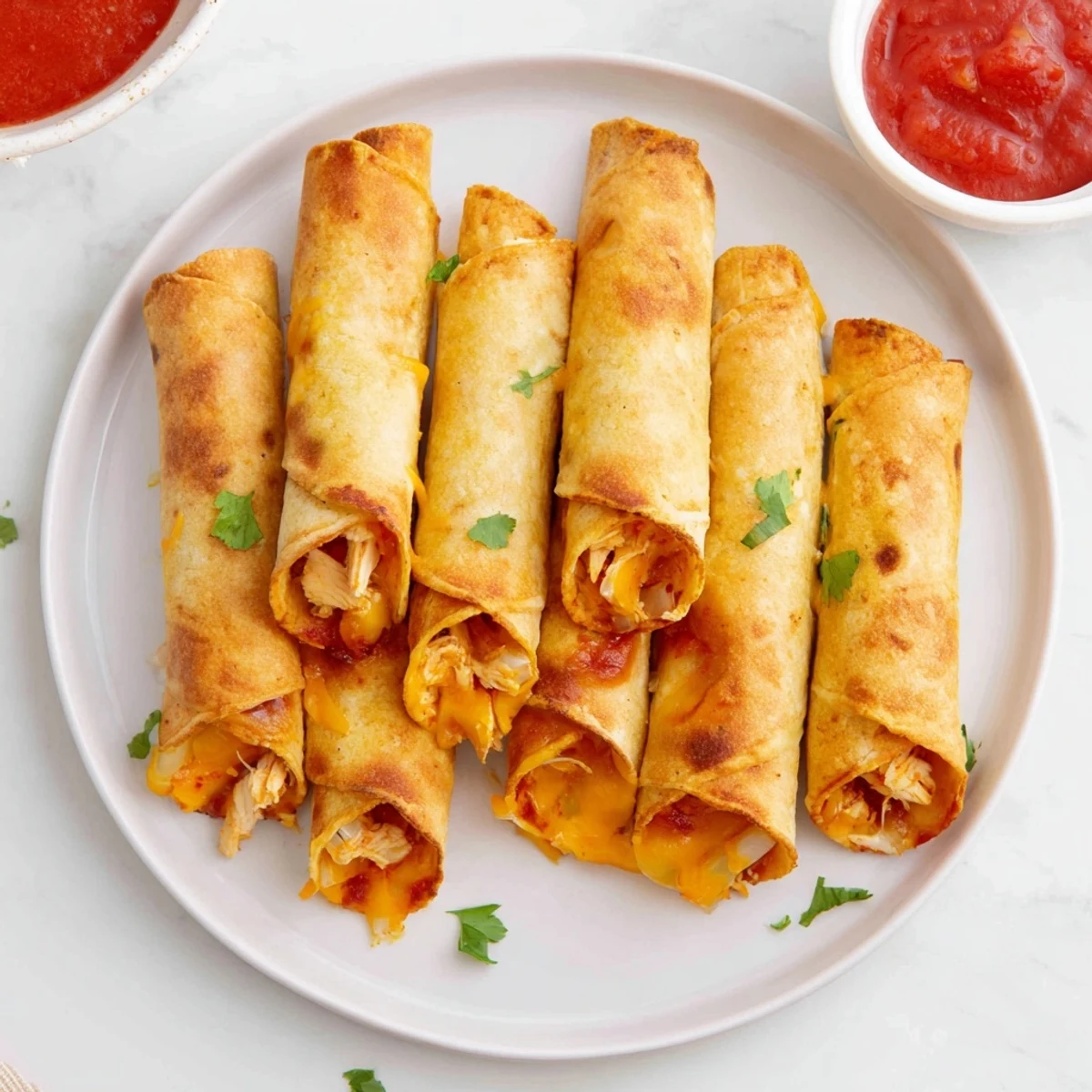 Golden brown crispy chicken taquitos filled with melted cheese and seasoned shredded chicken