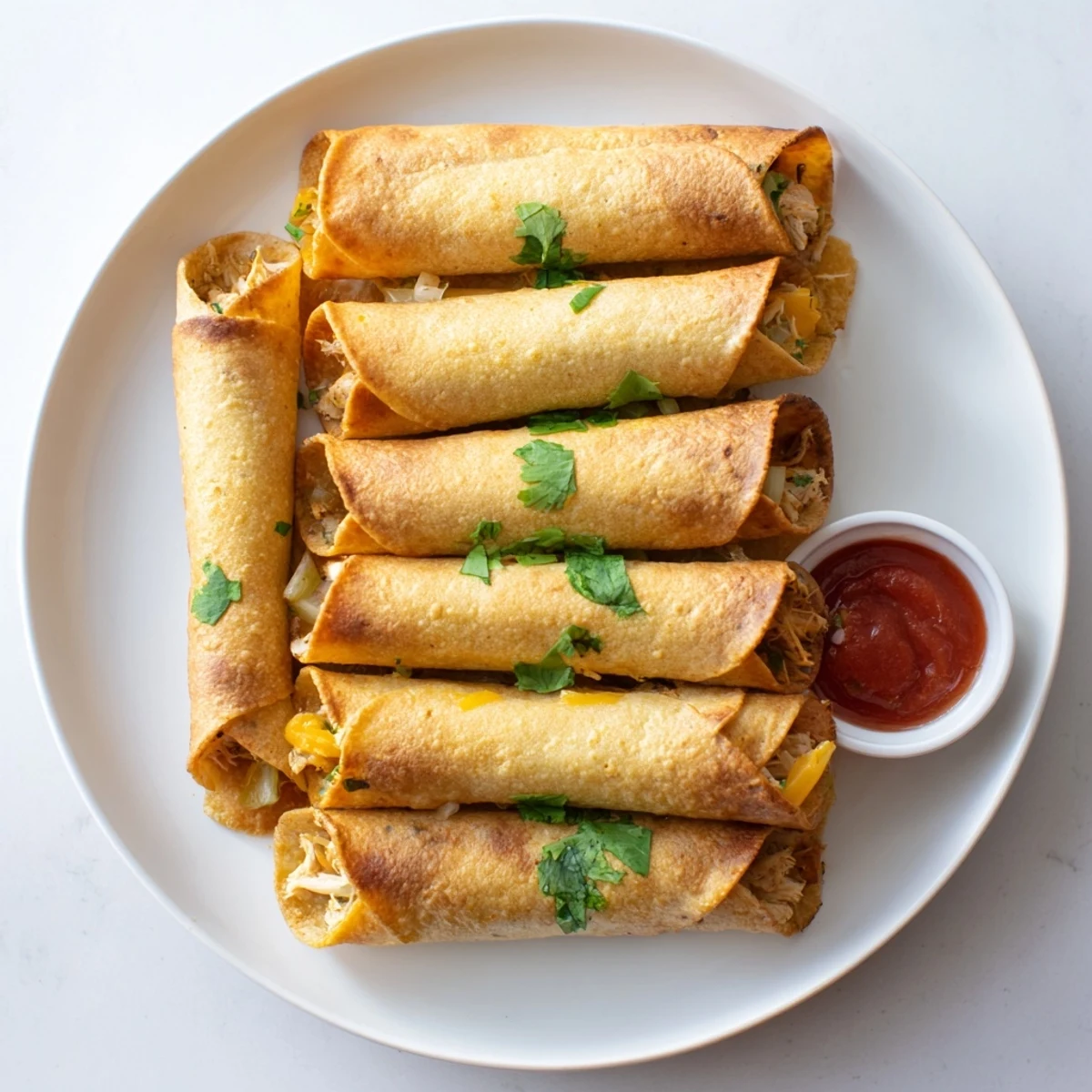 Baked rolled corn tortillas stuffed with spiced chicken and cheddar, golden and crunchy