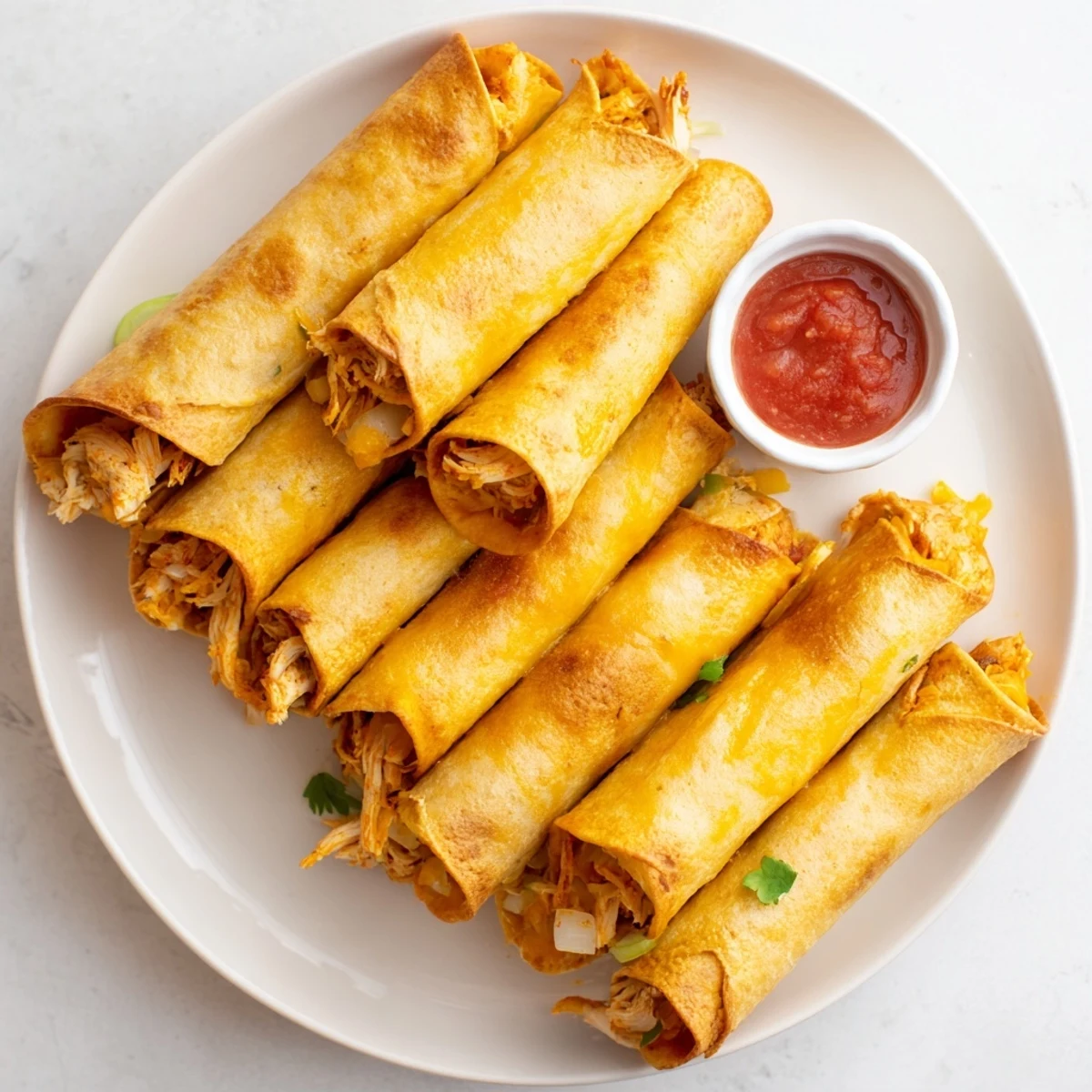 Oven-baked chicken taquitos with cheese and herbs, served with guacamole and fresh salsa