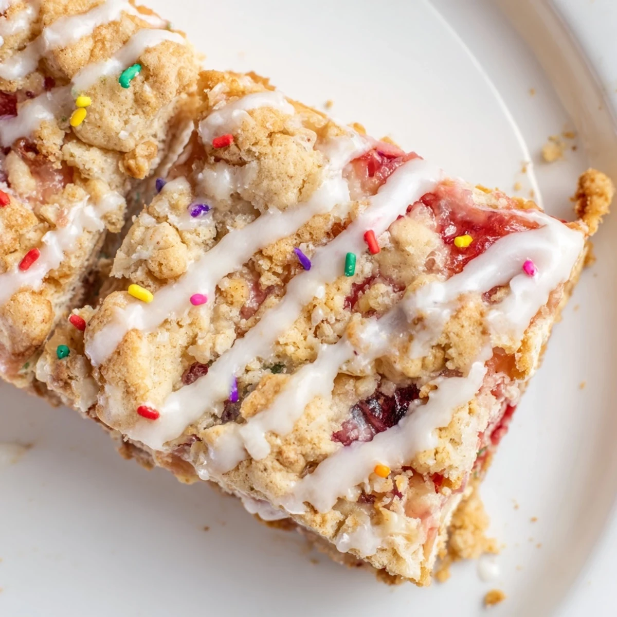 Golden baked pop tart cookie bars with strawberry jam layer and white glaze topping