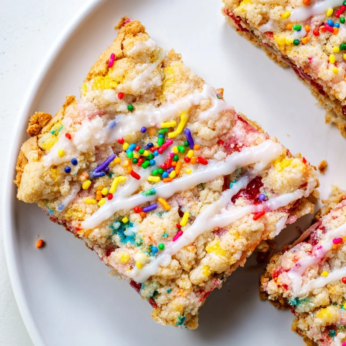 Soft sugar cookie bars filled with fruity jam and topped with colorful sprinkles