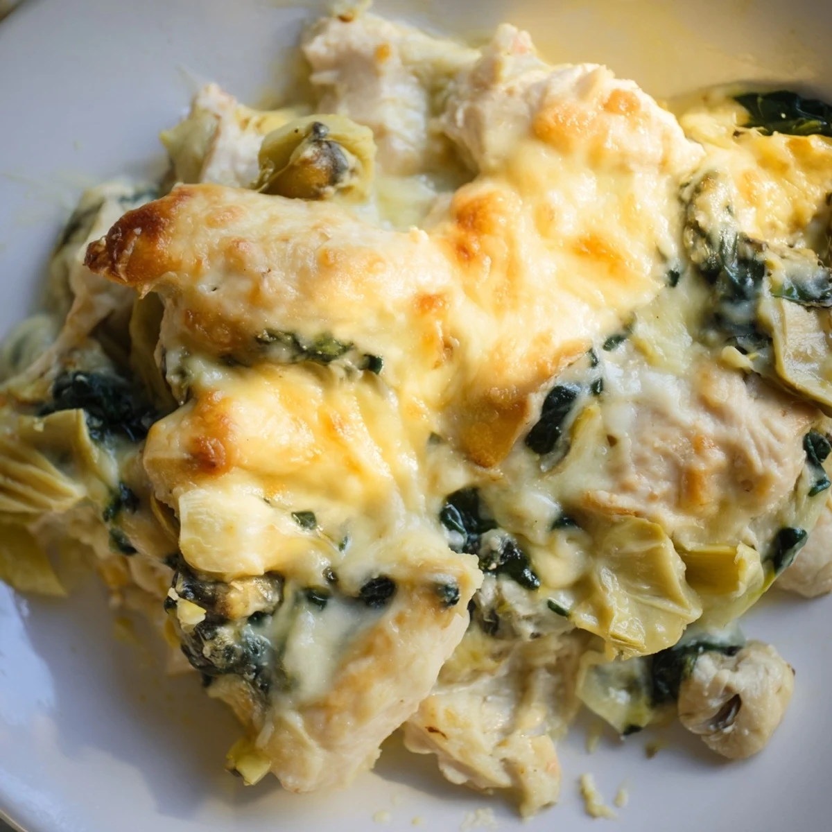 Creamy spinach and artichoke chicken casserole served on a white plate with parsley garnish