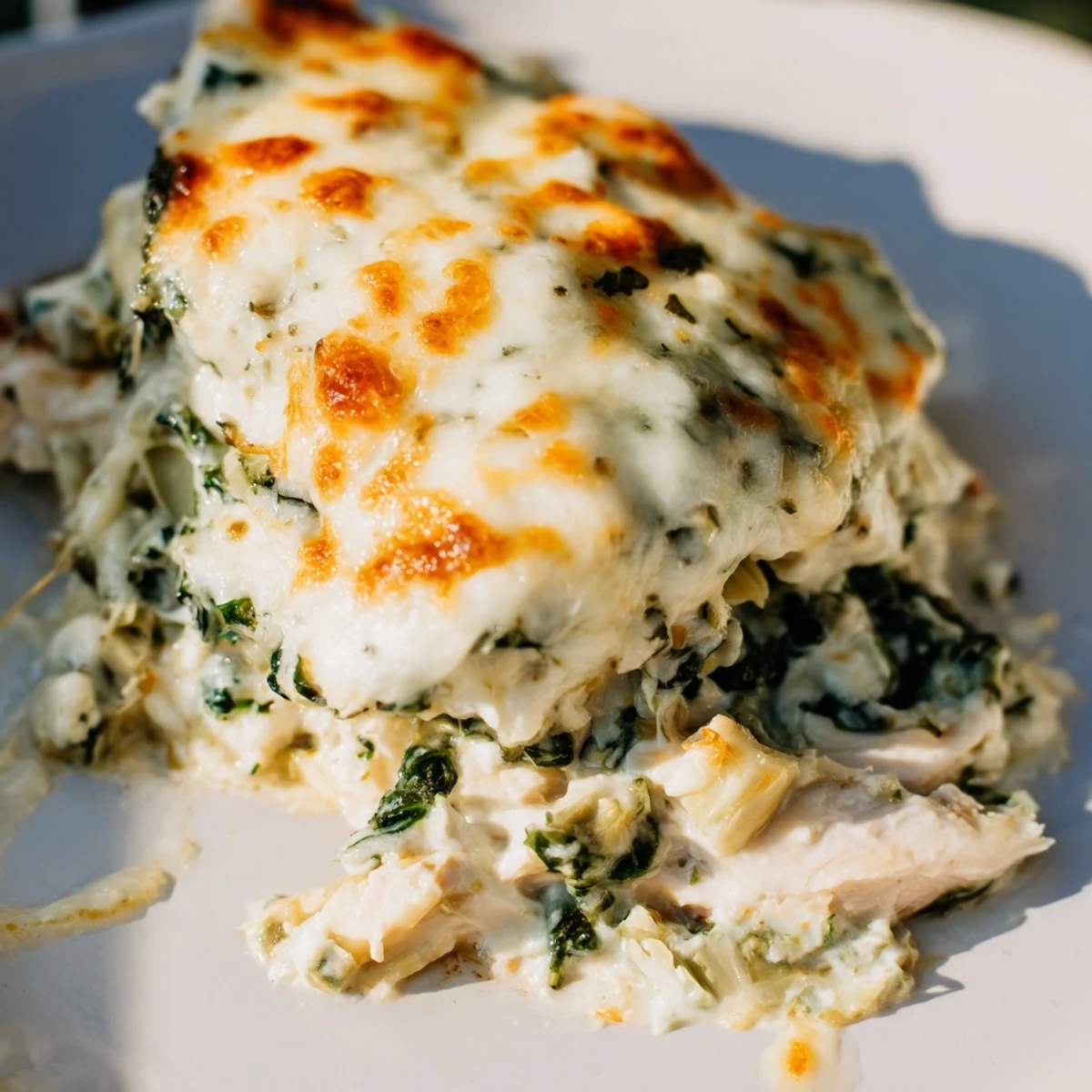 Baked chicken breasts topped with cheesy spinach artichoke mixture in a glass baking dish