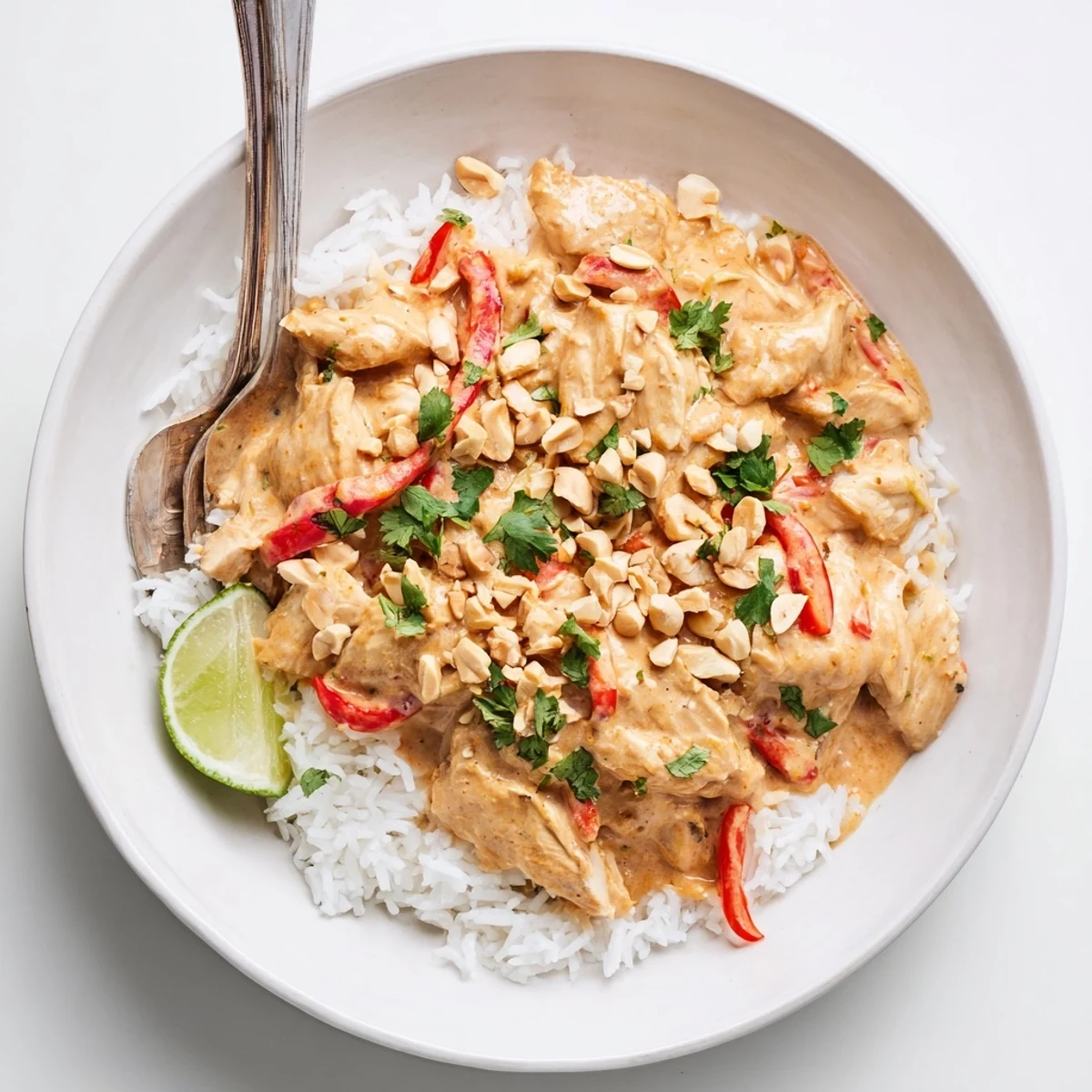 Slow cooker peanut chicken featuring tender shredded thighs coated in rich creamy peanut sauce