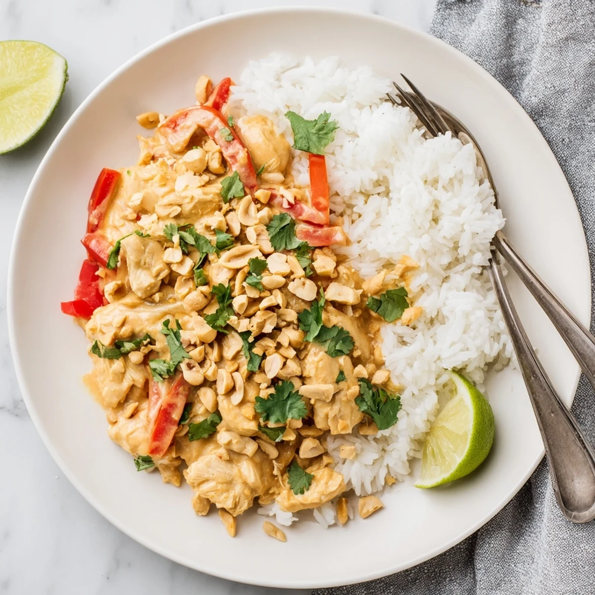 Golden slow cooker peanut chicken garnished with fresh cilantro and zesty lime wedges