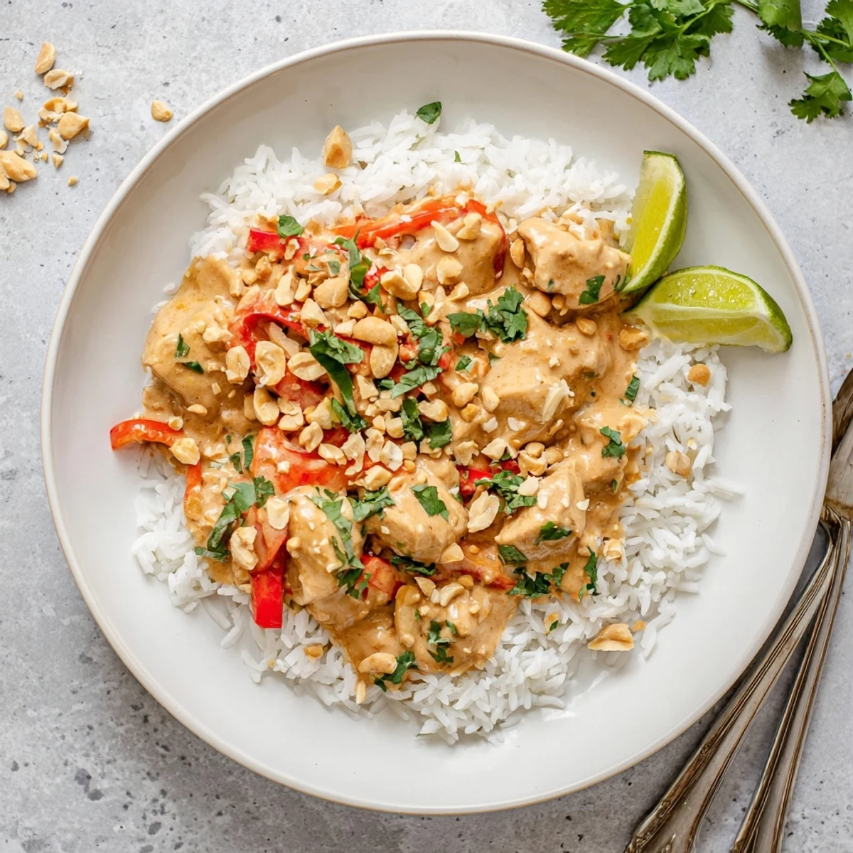 Creamy slow cooker peanut chicken served over fluffy white rice with crushed roasted peanuts