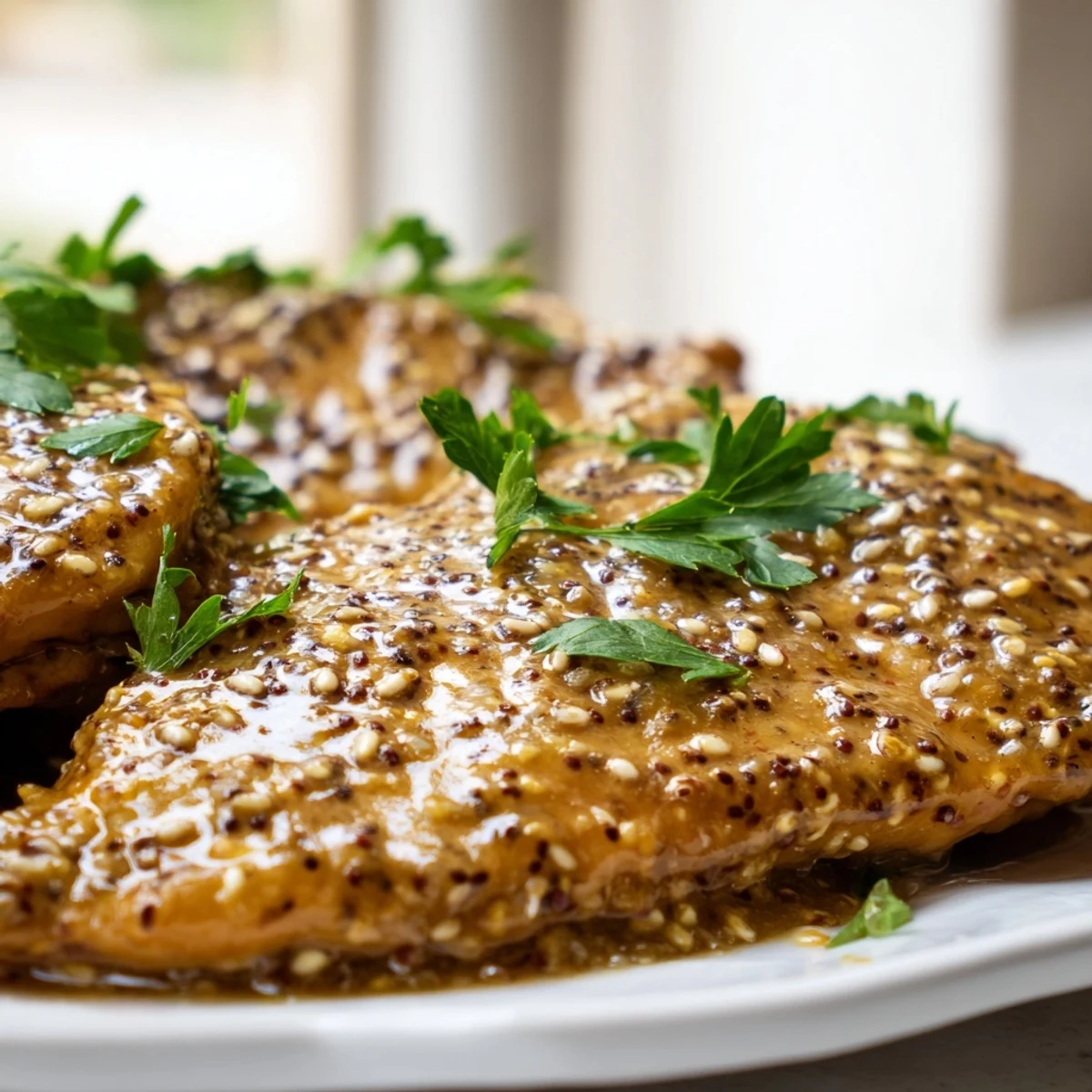 Golden oven baked honey mustard chicken breasts coated in sticky sweet tangy glaze