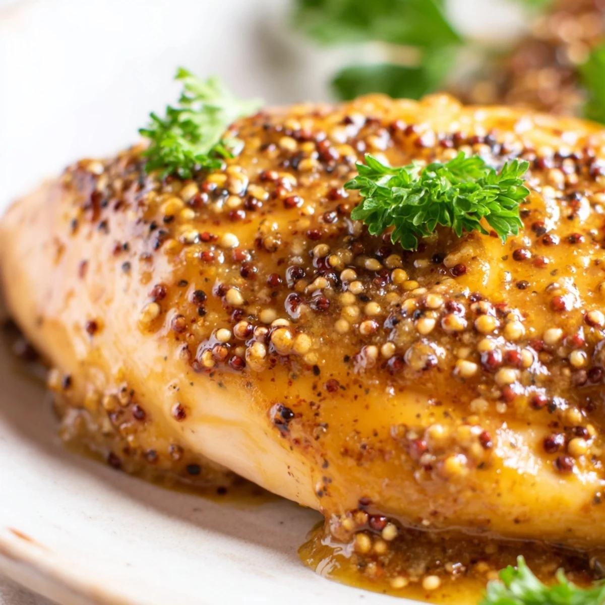 Weeknight dinner of glazed baked chicken served over rice with fresh parsley garnish