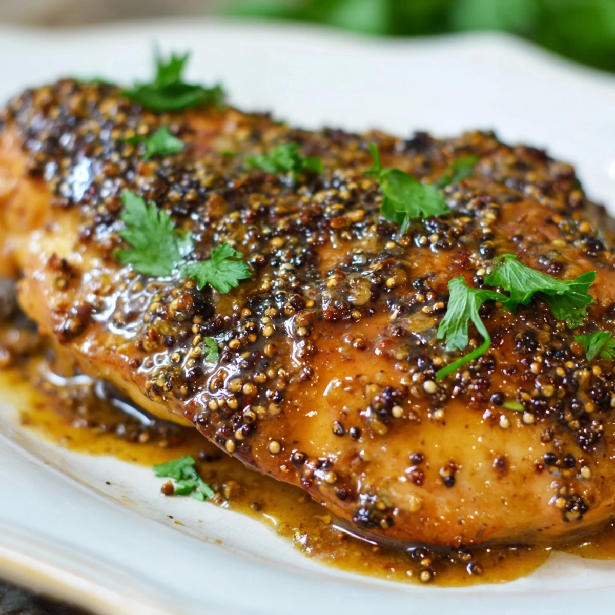 Juicy chicken pieces resting in bubbling honey mustard sauce after baking until caramelized