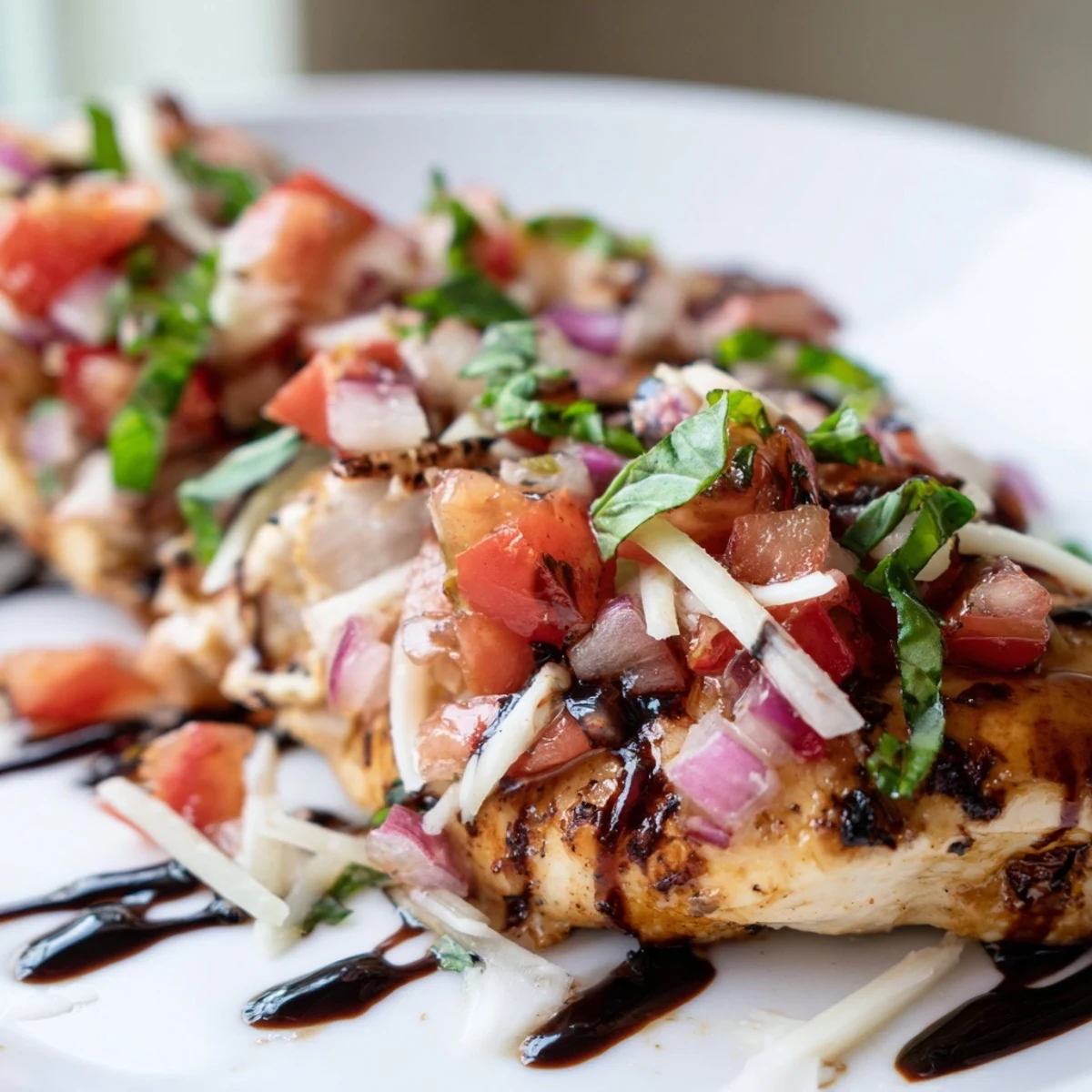 Juicy baked bruschetta chicken garnished with diced tomatoes onions and melted mozzarella cheese