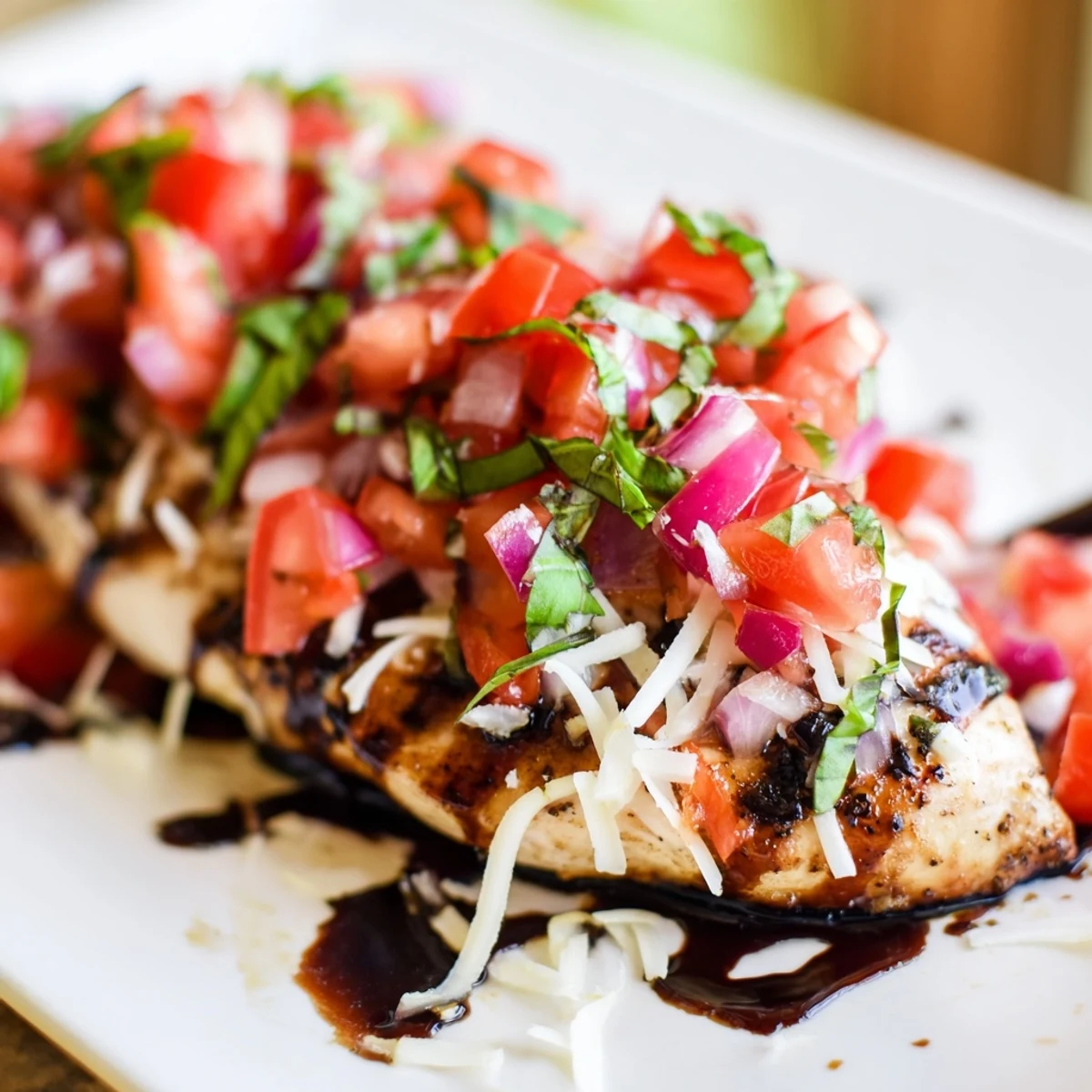 Golden pan-seared chicken breast topped with fresh tomato basil bruschetta and balsamic glaze