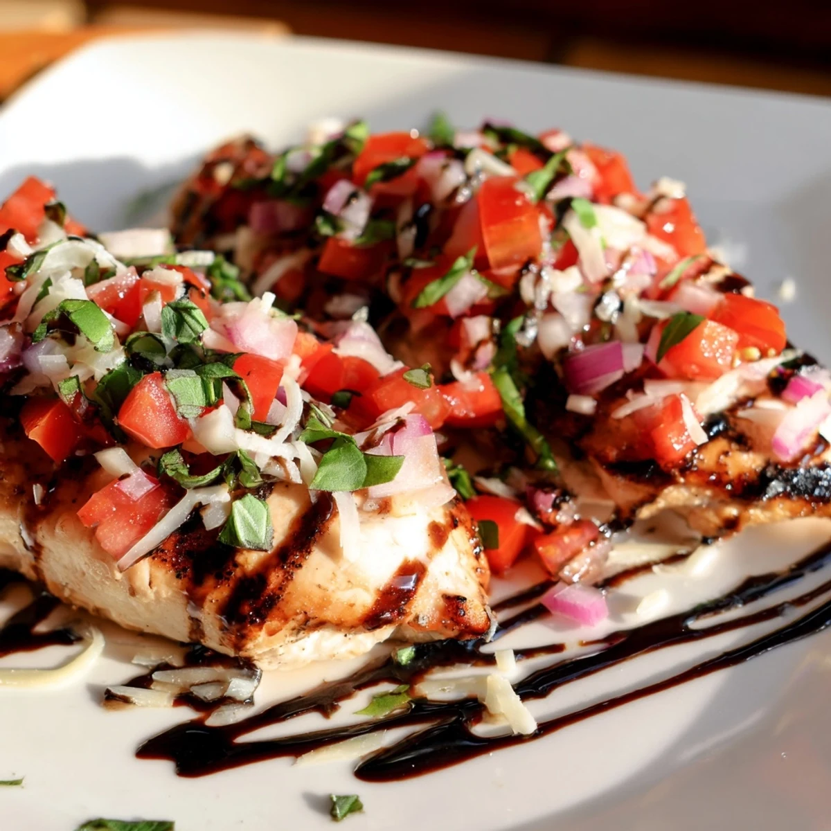 Italian-inspired chicken dish featuring vibrant tomato bruschetta topping drizzled with rich balsamic reduction