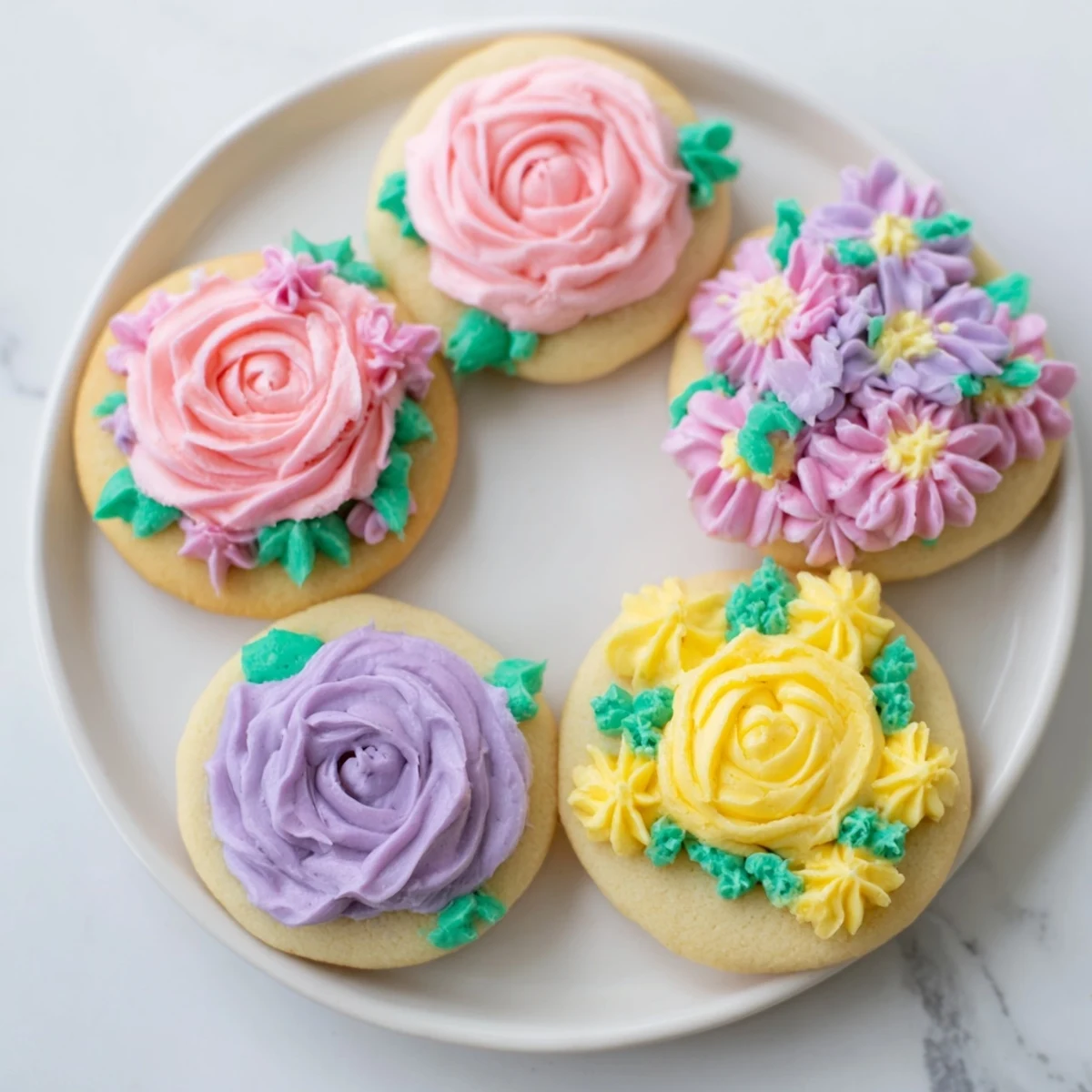 Golden sugar cookies topped with vibrant piped buttercream flowers in pink, yellow, and purple.