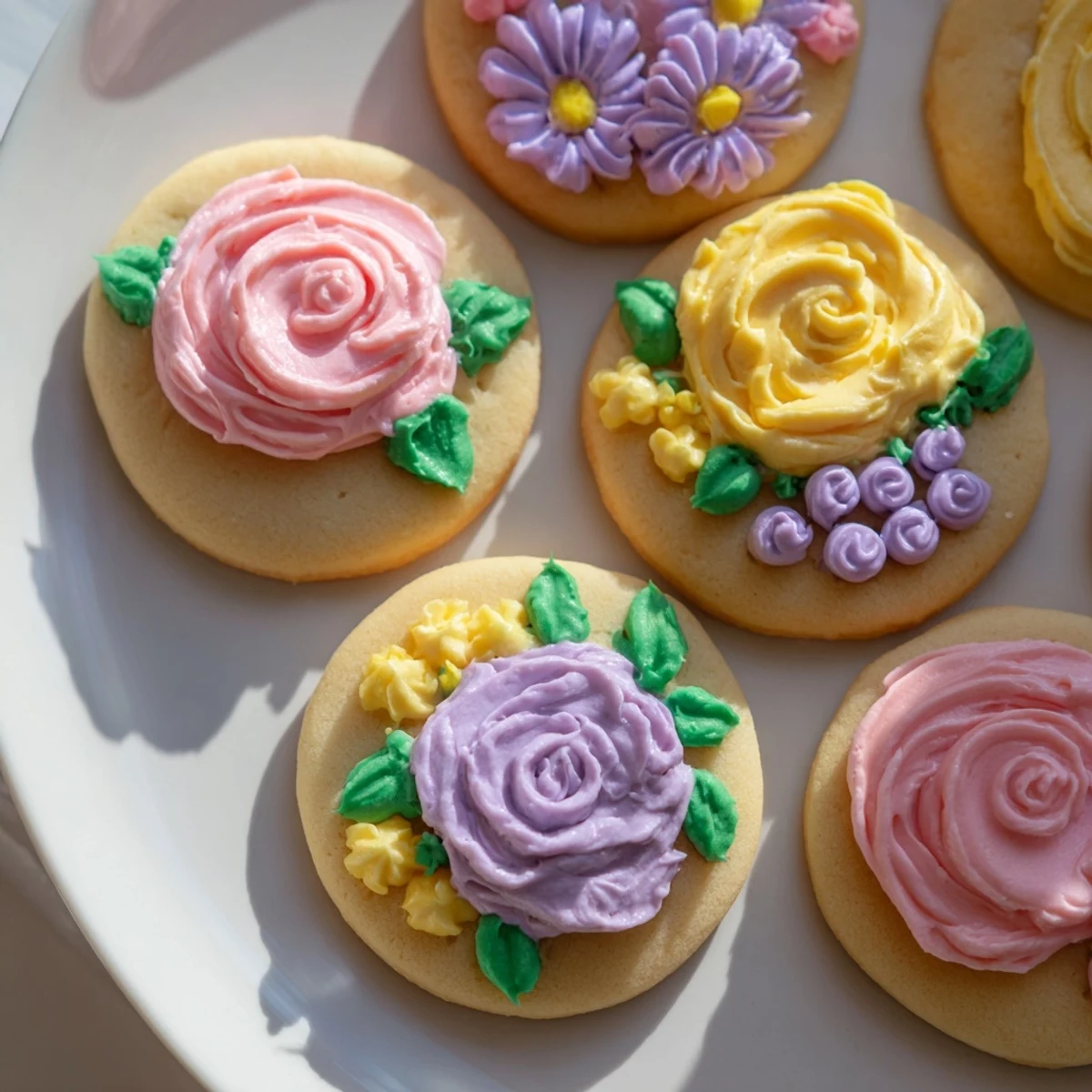 Beautifully decorated buttercream flower cookies arranged on a white plate for spring desserts.