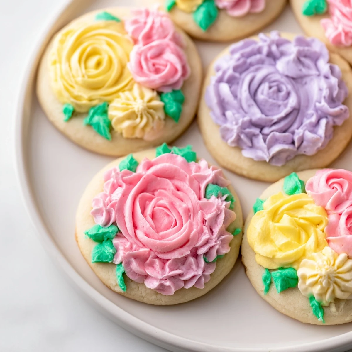 Delicate buttercream flower cookies adorned with colorful rosettes and green leaf piped details.